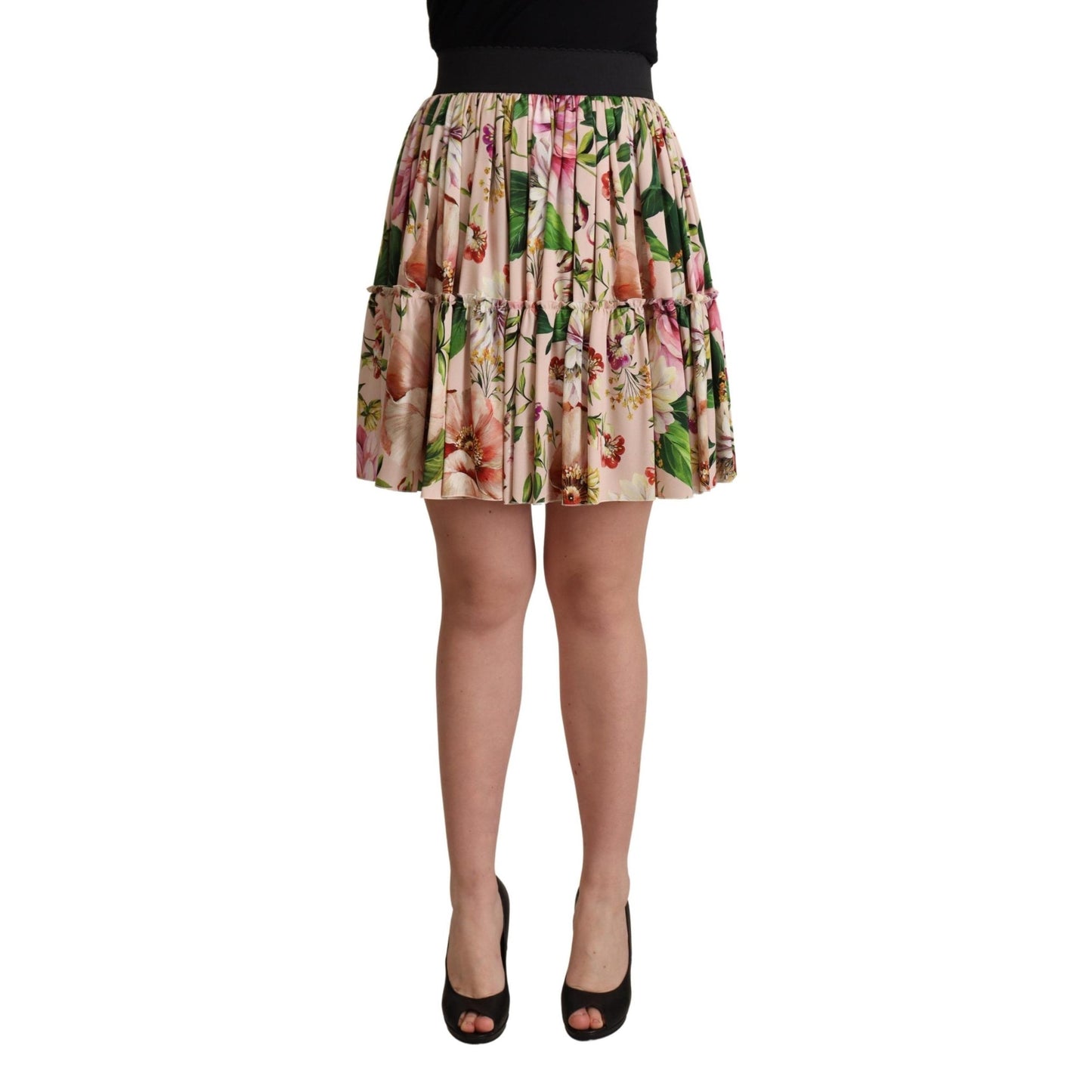 Pink Floral Print Silk High Waist Mini Skirt