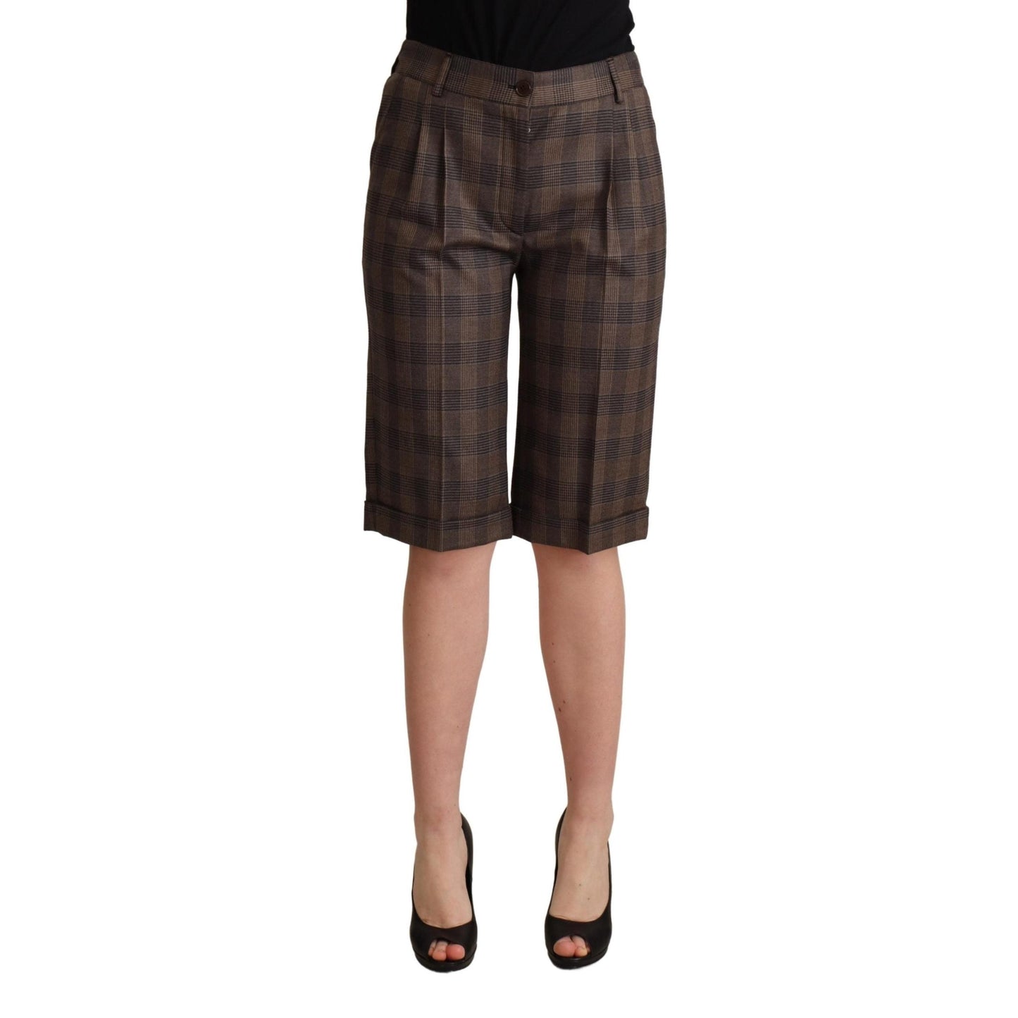 Brown Checkered Wool Bermuda Mid Waist Shorts