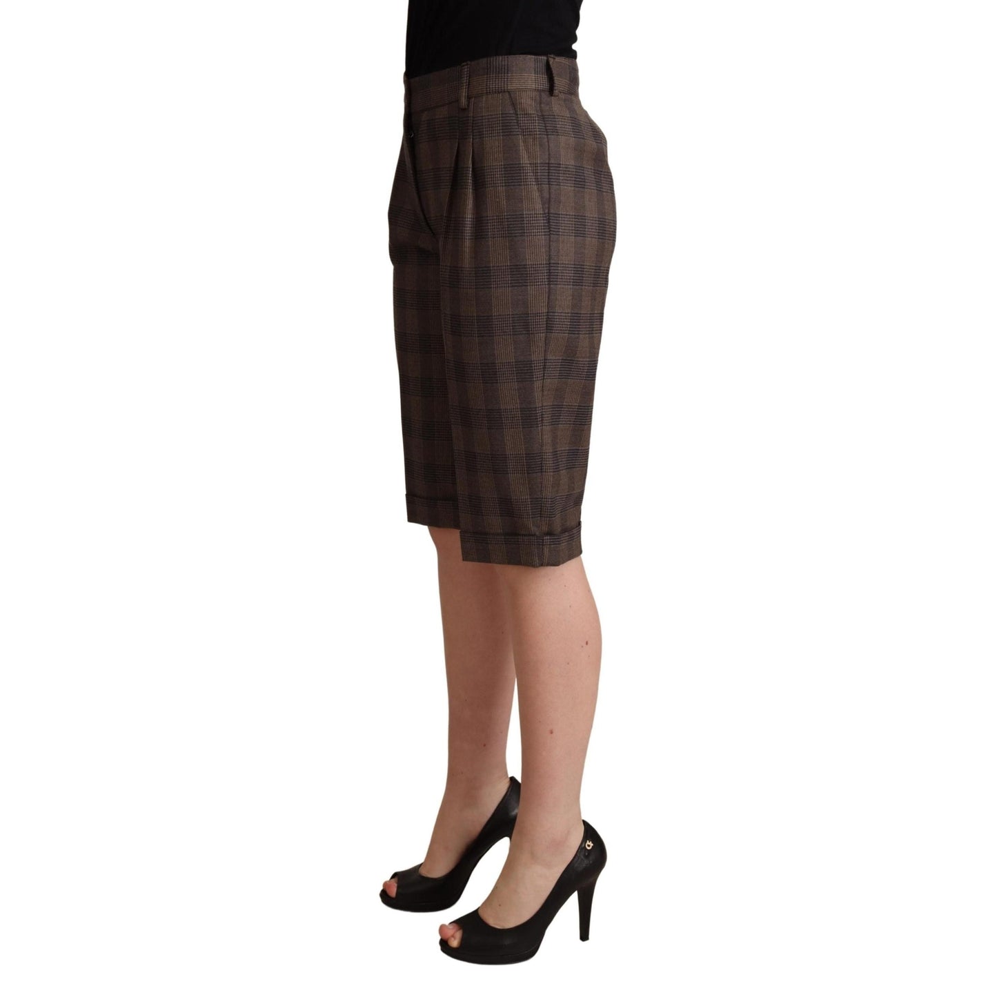 Brown Checkered Wool Bermuda Mid Waist Shorts