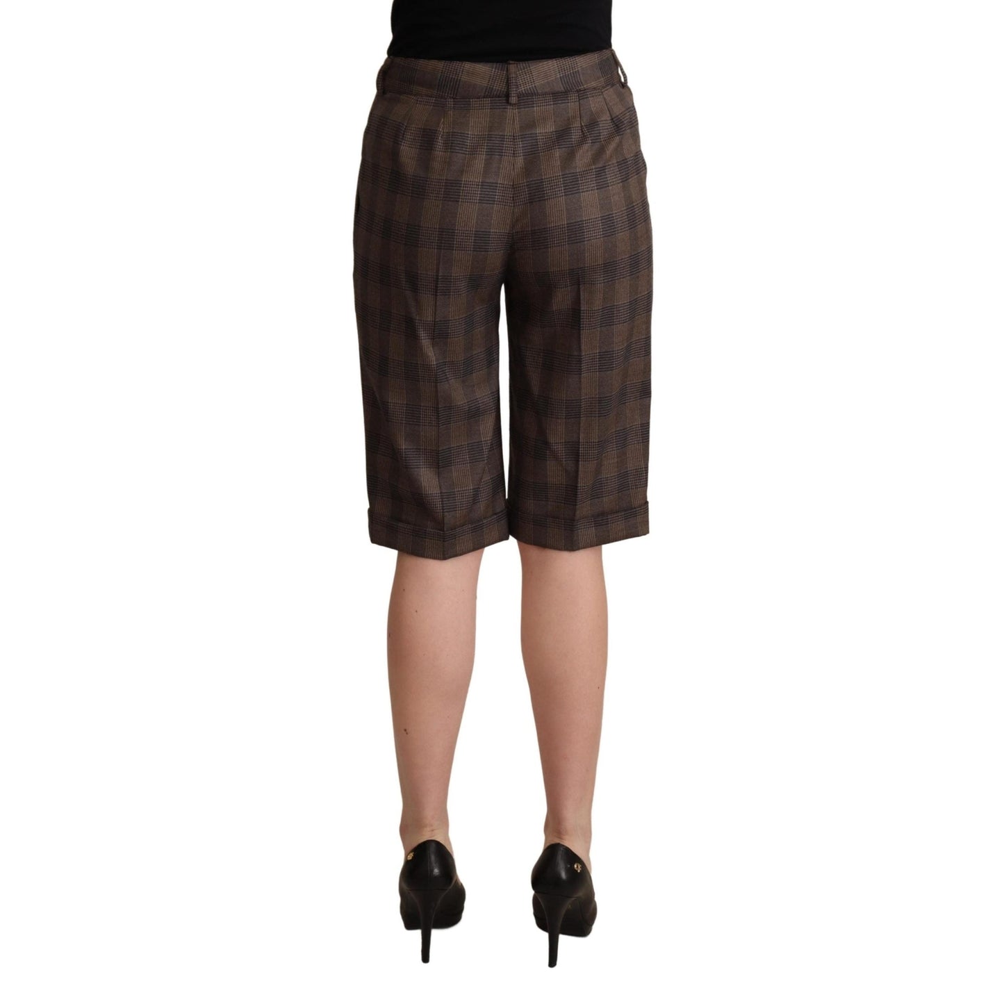 Brown Checkered Wool Bermuda Mid Waist Shorts