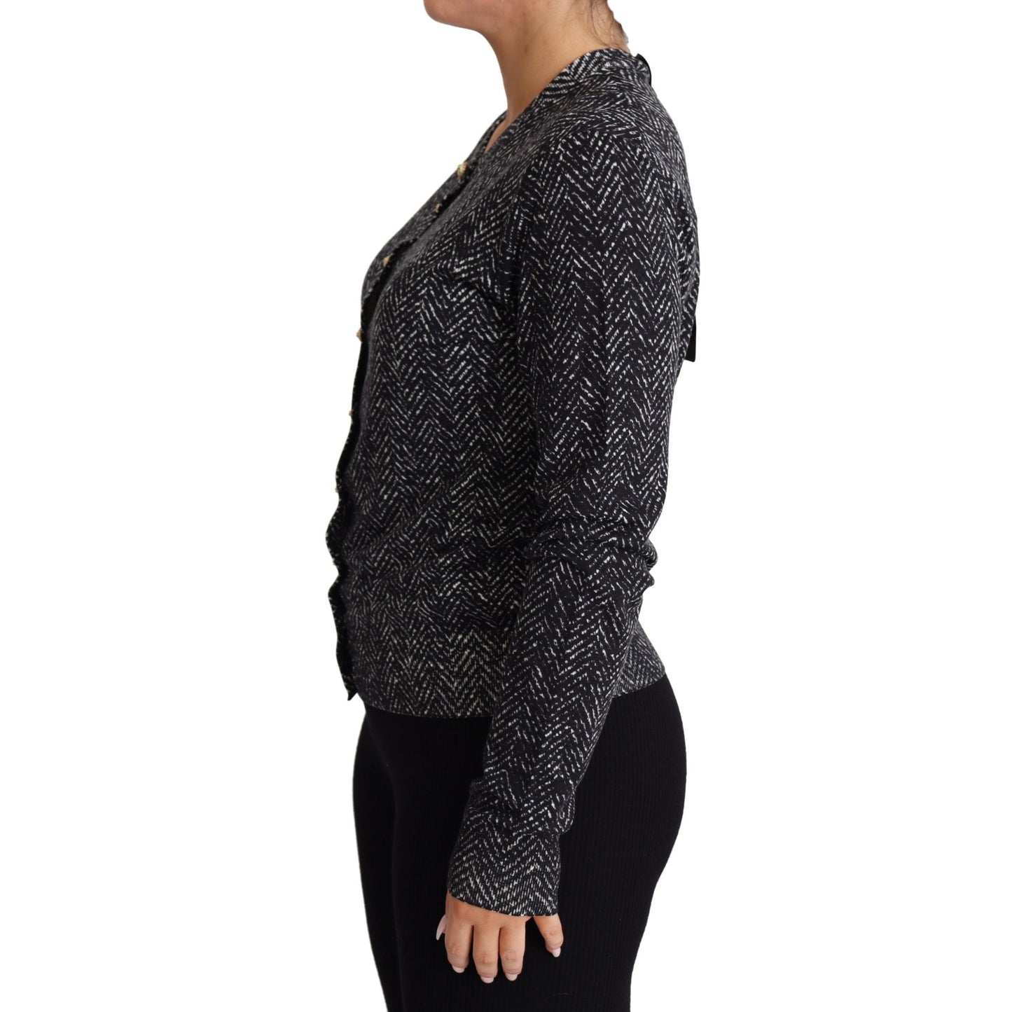 Gray Chevron Wool Ribbed Cardigan Sweater