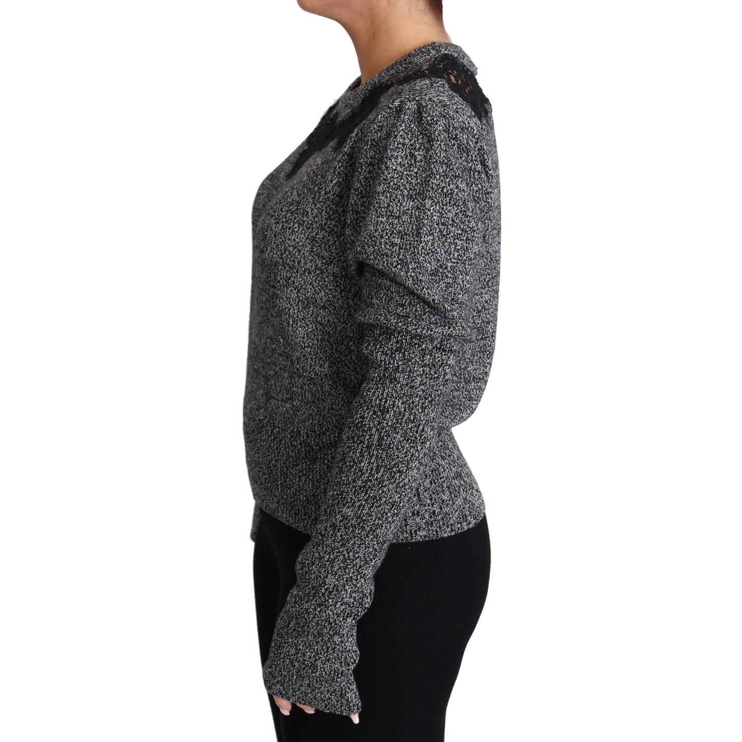 Gray Lace Trimmed Pullover Cashmere Sweater