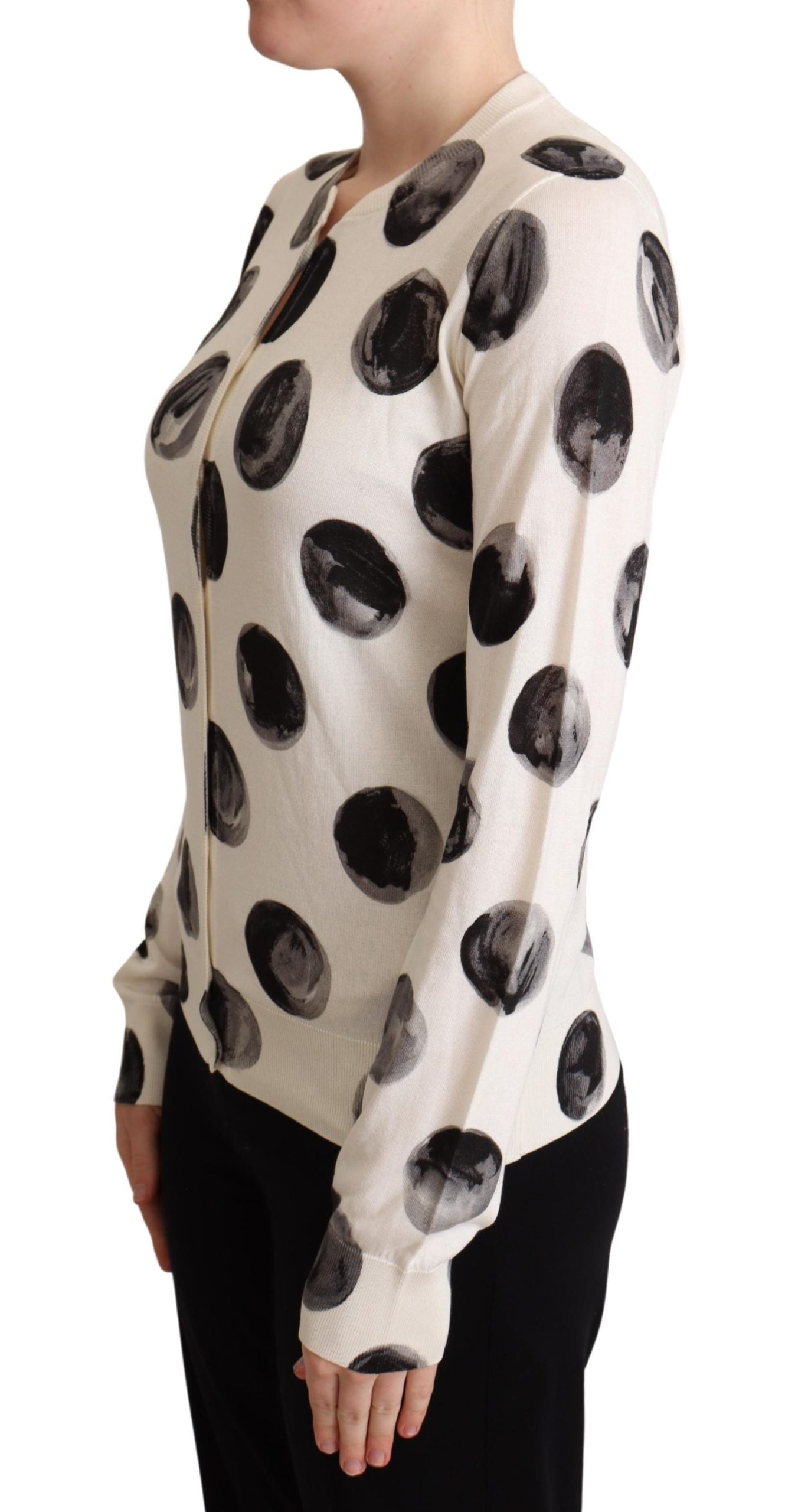 White Black Polka Dots Silk Cardigan Sweater