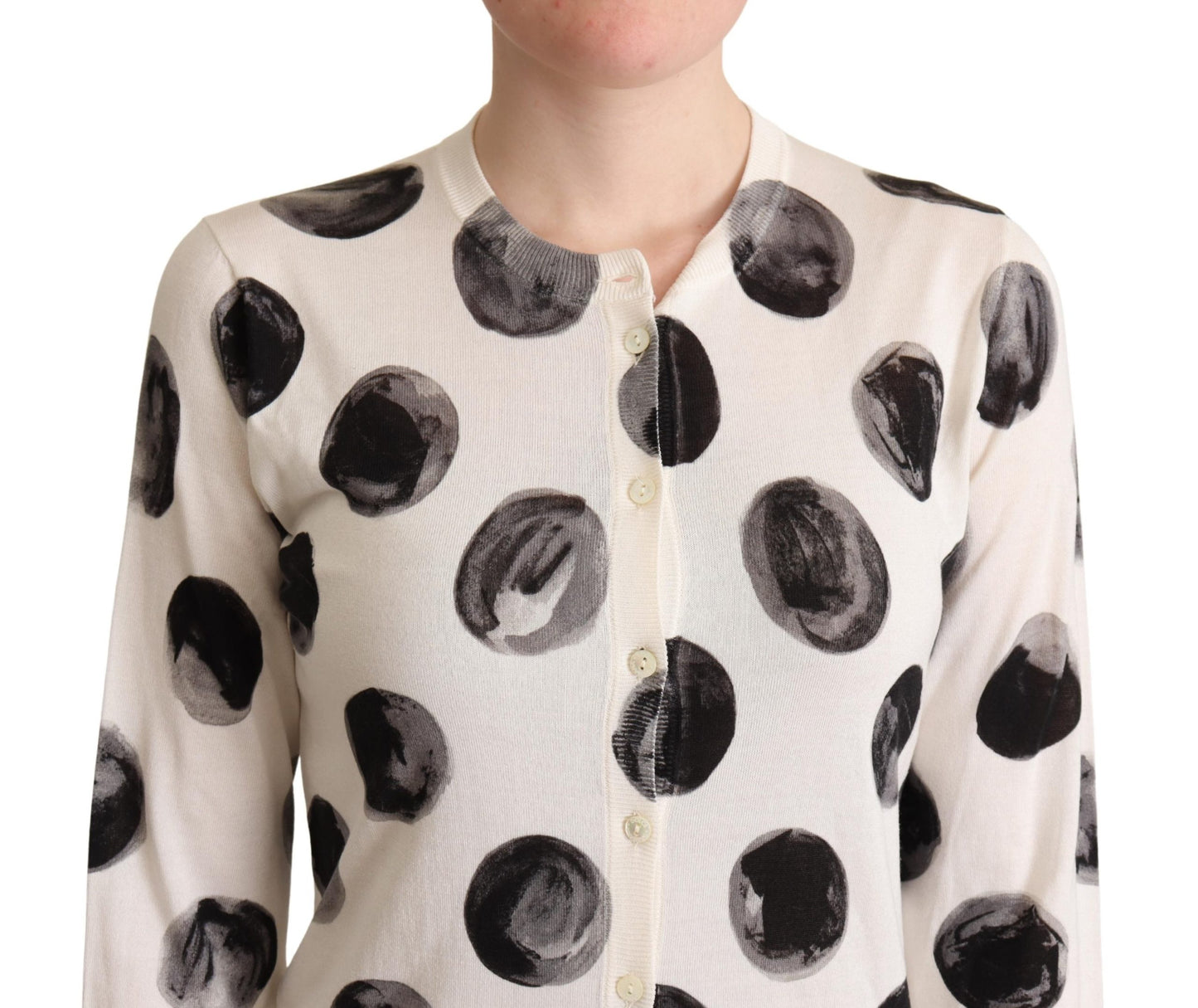 White Black Polka Dots Silk Cardigan Sweater