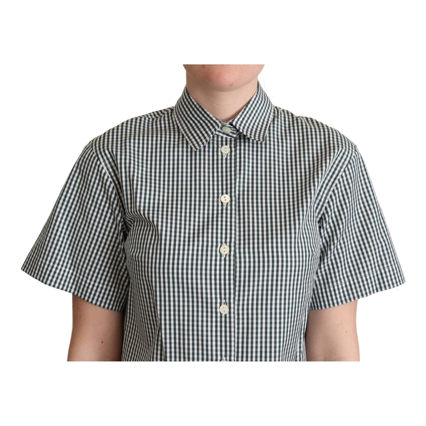 White Green Cotton Check Shirt Blouse Top