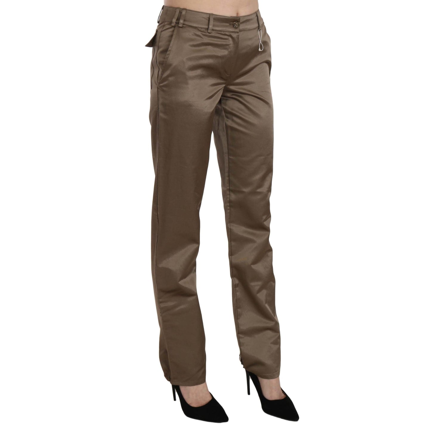 Brown Cotton Mid Waist Straight Pants