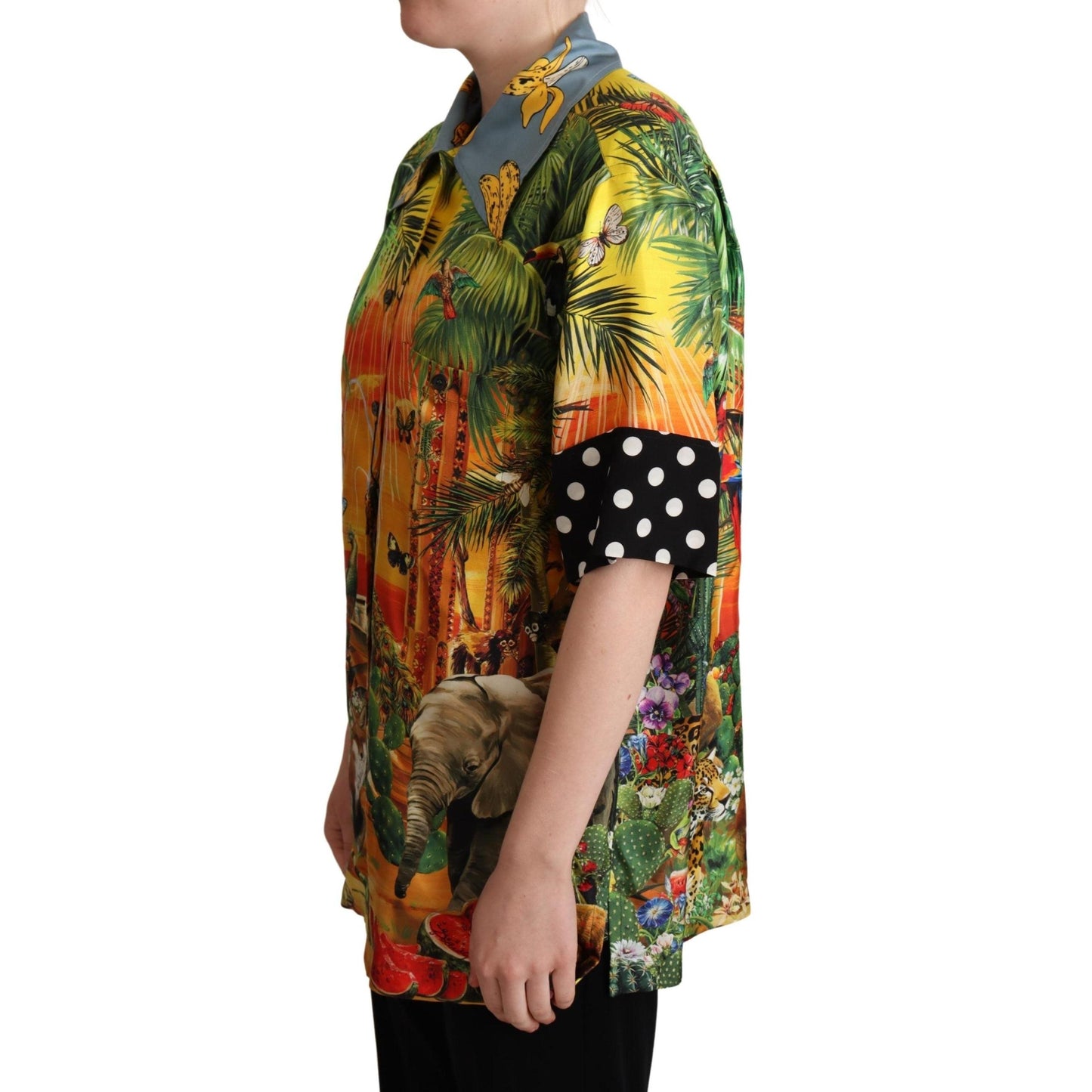 Multicolor Jungle Tropical Polka Dot Print Silk Shirt