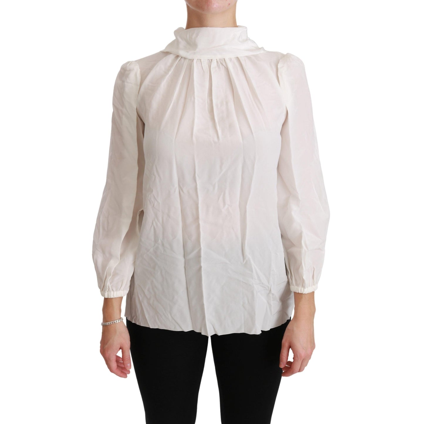 White Turtle Neck Blouse Shirt Silk Top
