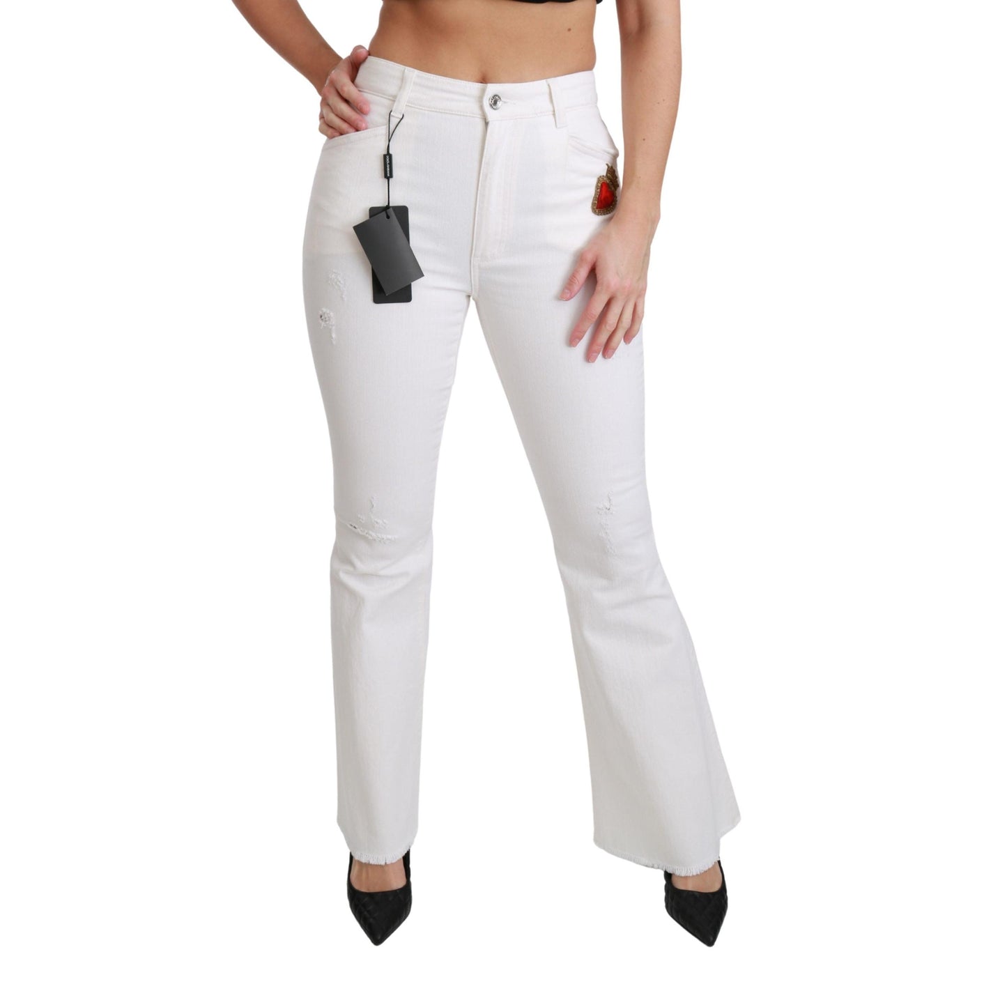 White Heart Flared Stretch Cotton Pants