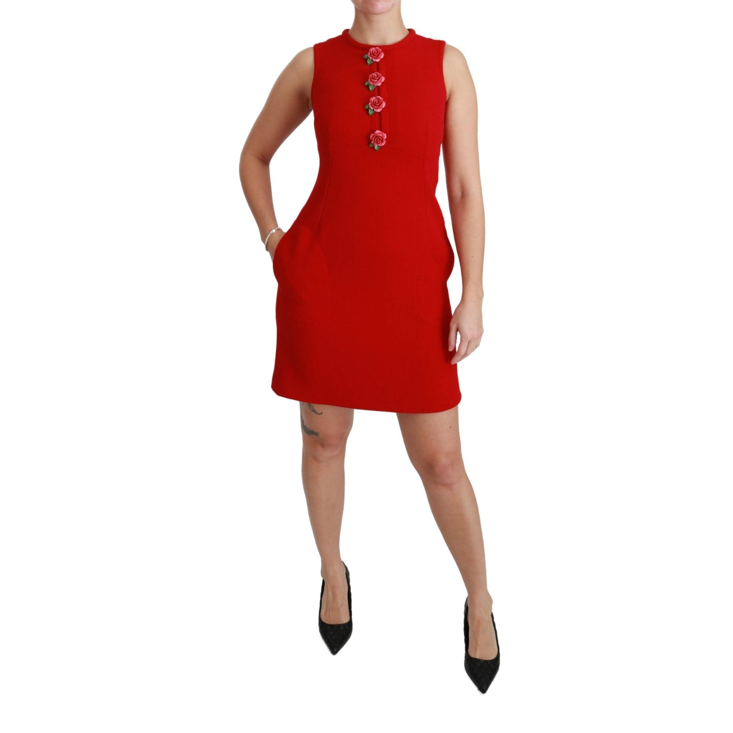 Red Wool Roses Shift Mini Gown Dress