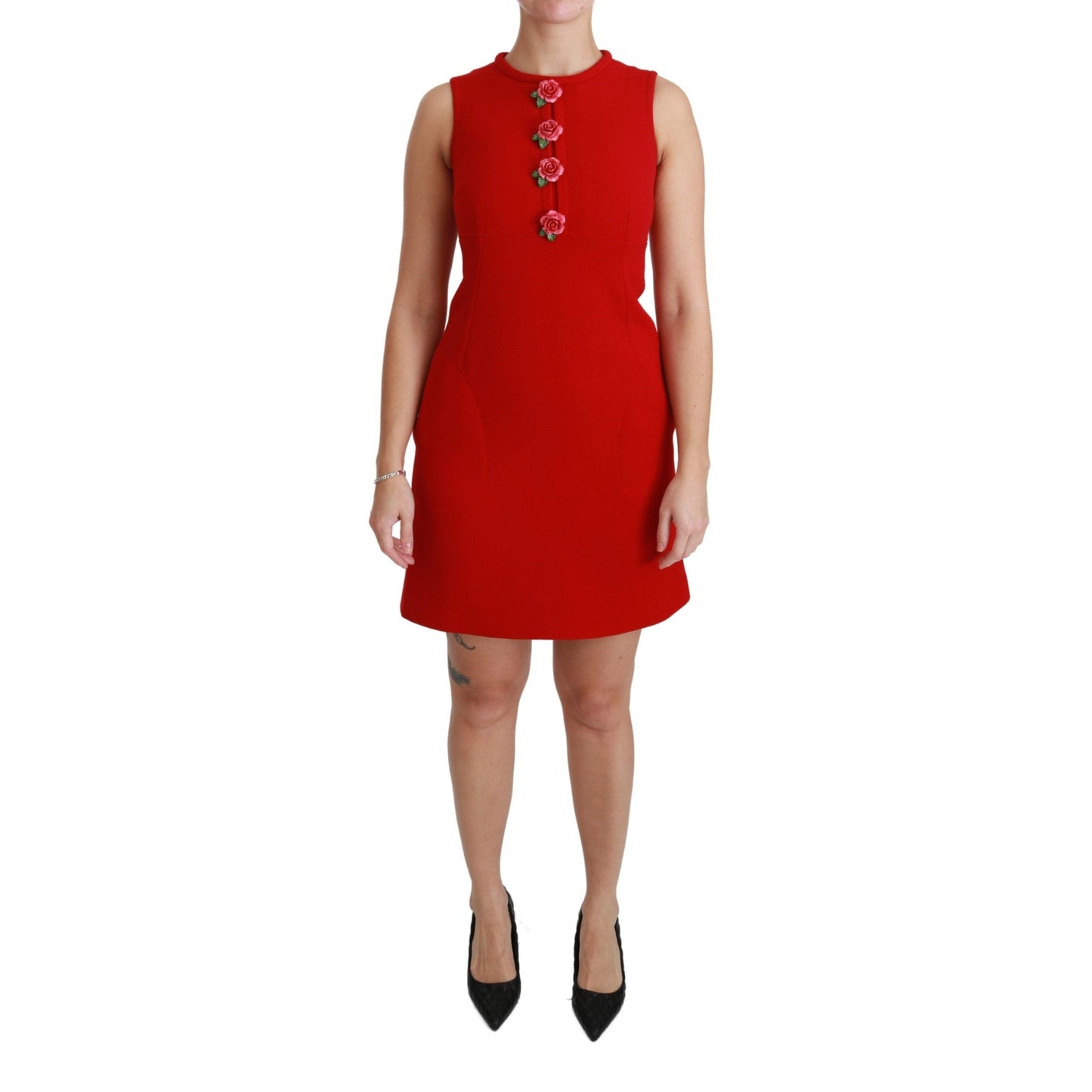 Red Wool Roses Shift Mini Gown Dress