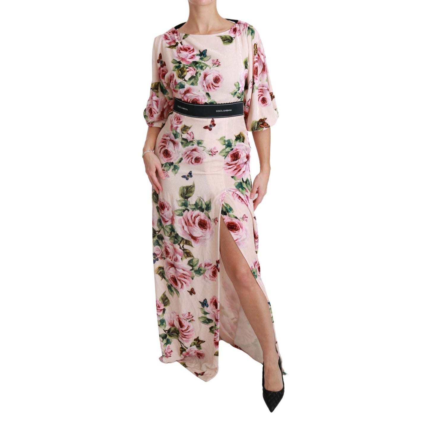Pink Roses Butterfly DG Logo Slit Dress