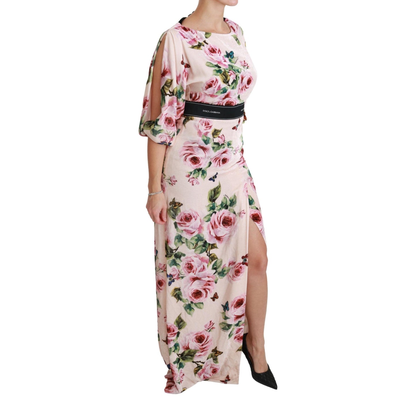 Pink Roses Butterfly DG Logo Slit Dress