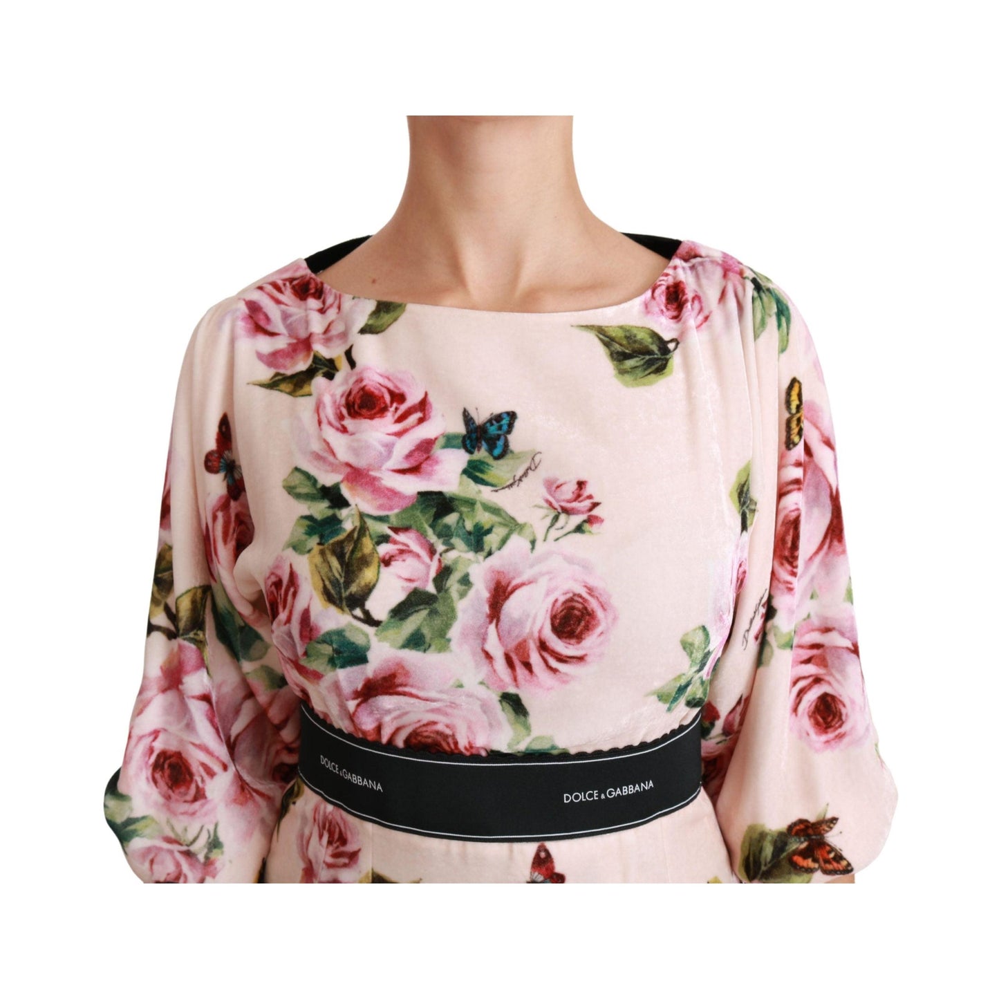 Pink Roses Butterfly DG Logo Slit Dress