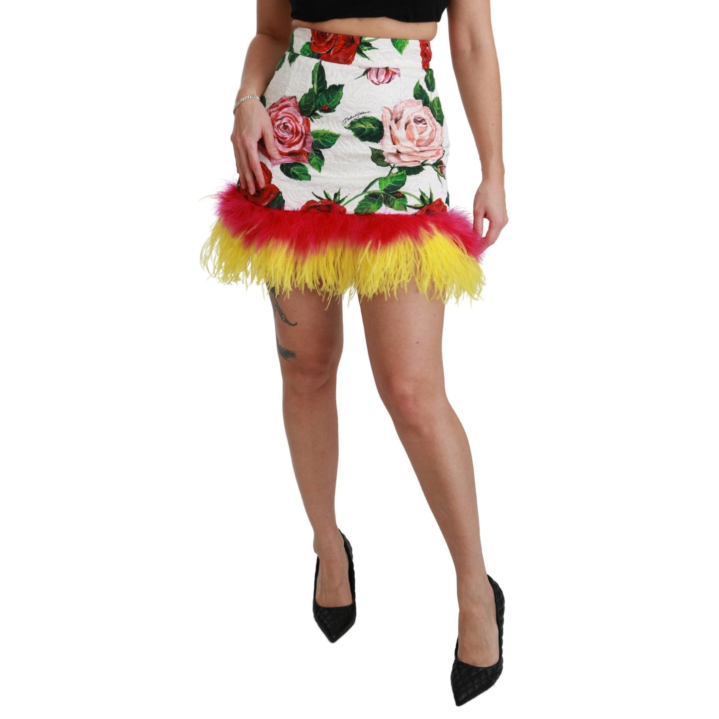 Multicolor Roses Floral Brocade High Mini Skirt