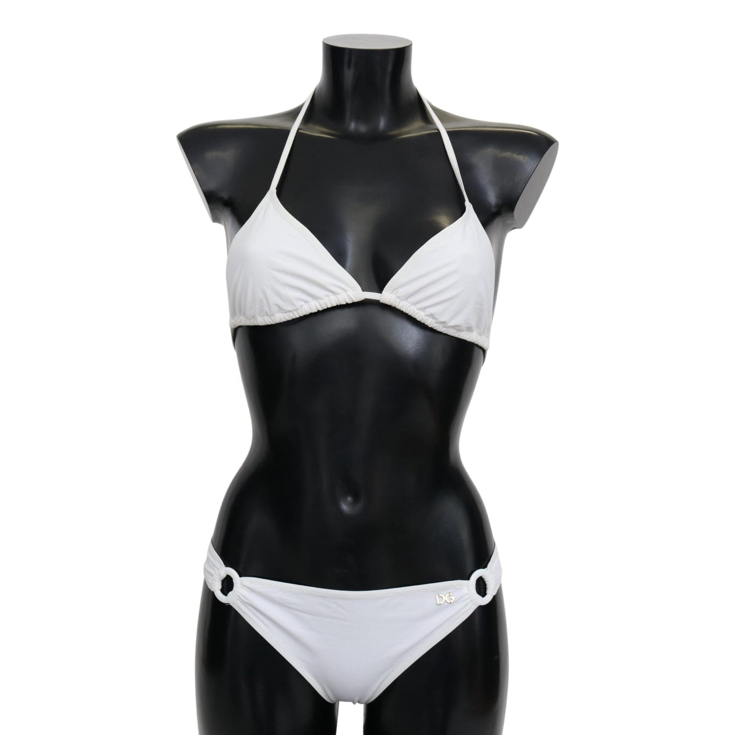 White Nylon Solid Halter Two Piece Swimwear Bikini