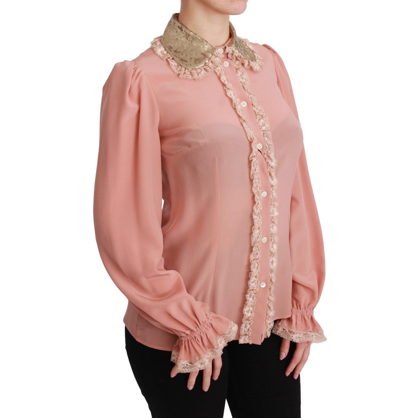 Pink Silk Gold Sequin Lace Blouse Shirt