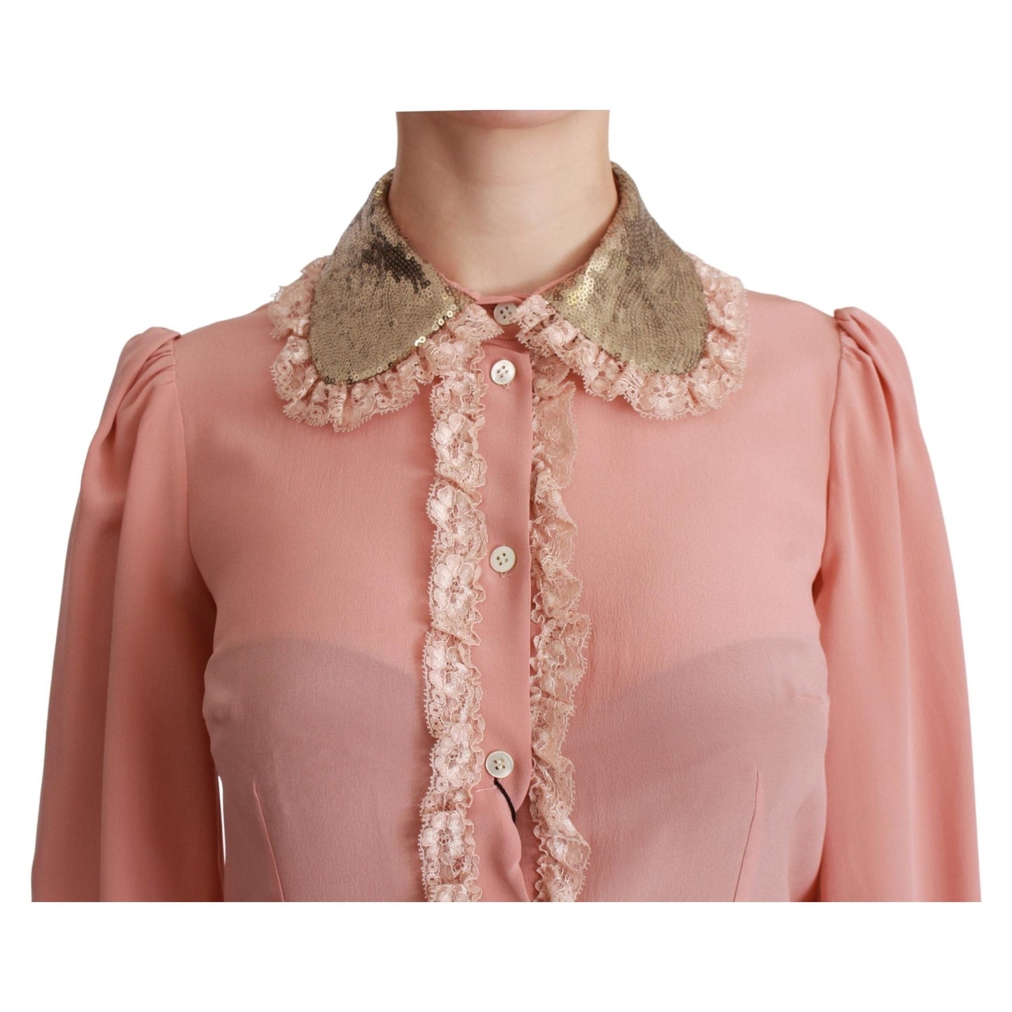 Pink Silk Gold Sequin Lace Blouse Shirt