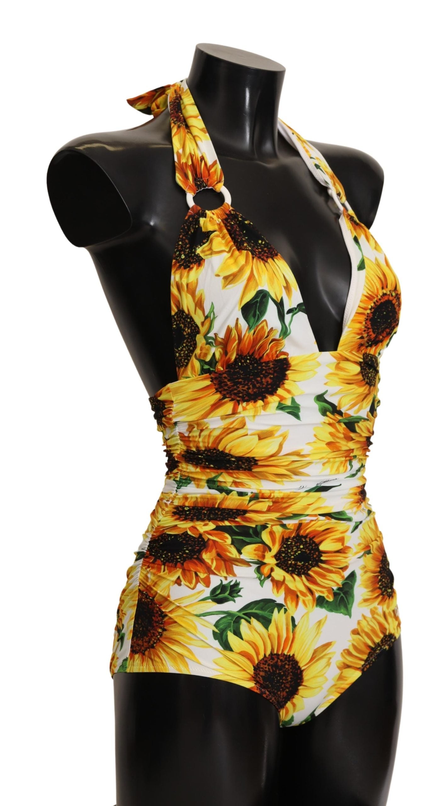 White Sunflower Halter One Piece Swimwear Bikini