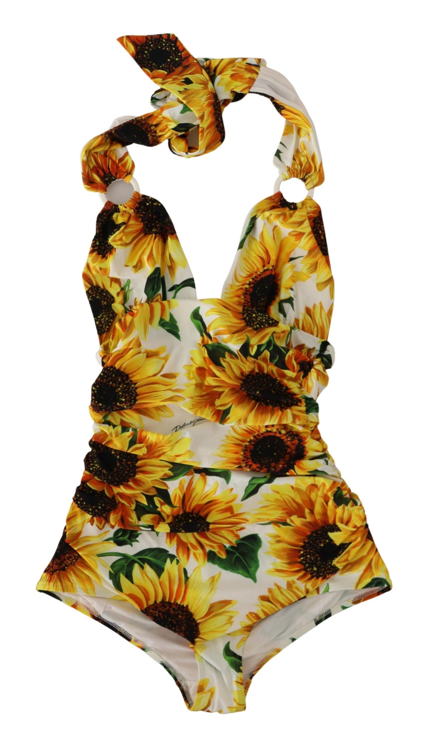 White Sunflower Halter One Piece Swimwear Bikini