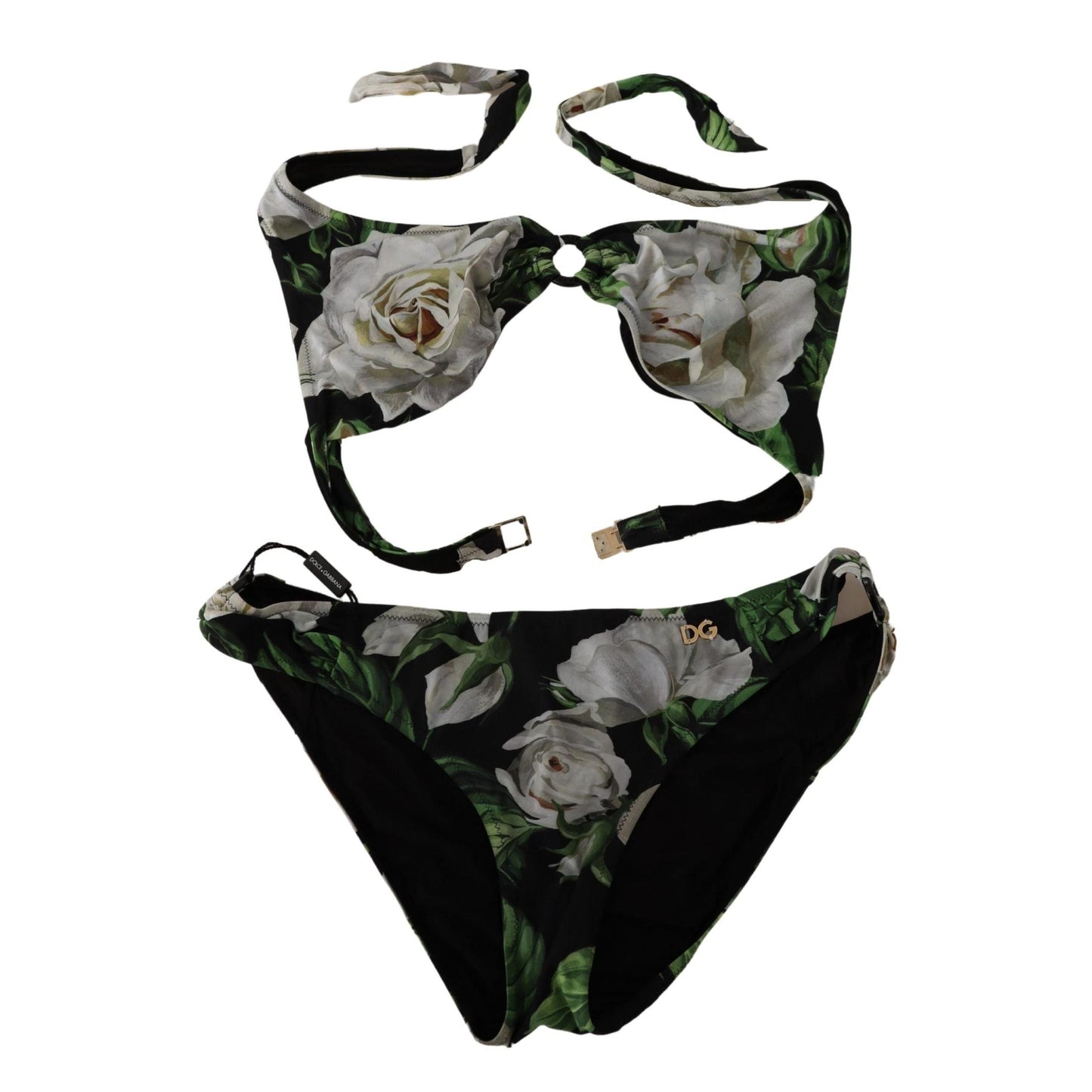 White Rose Print Halter Two Piece Bikini Swimwear