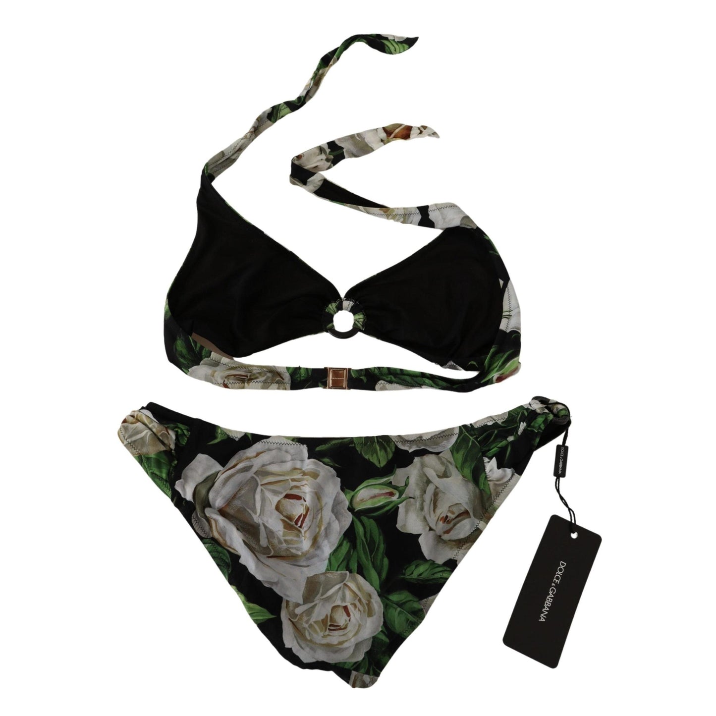 White Rose Print Halter Two Piece Bikini Swimwear
