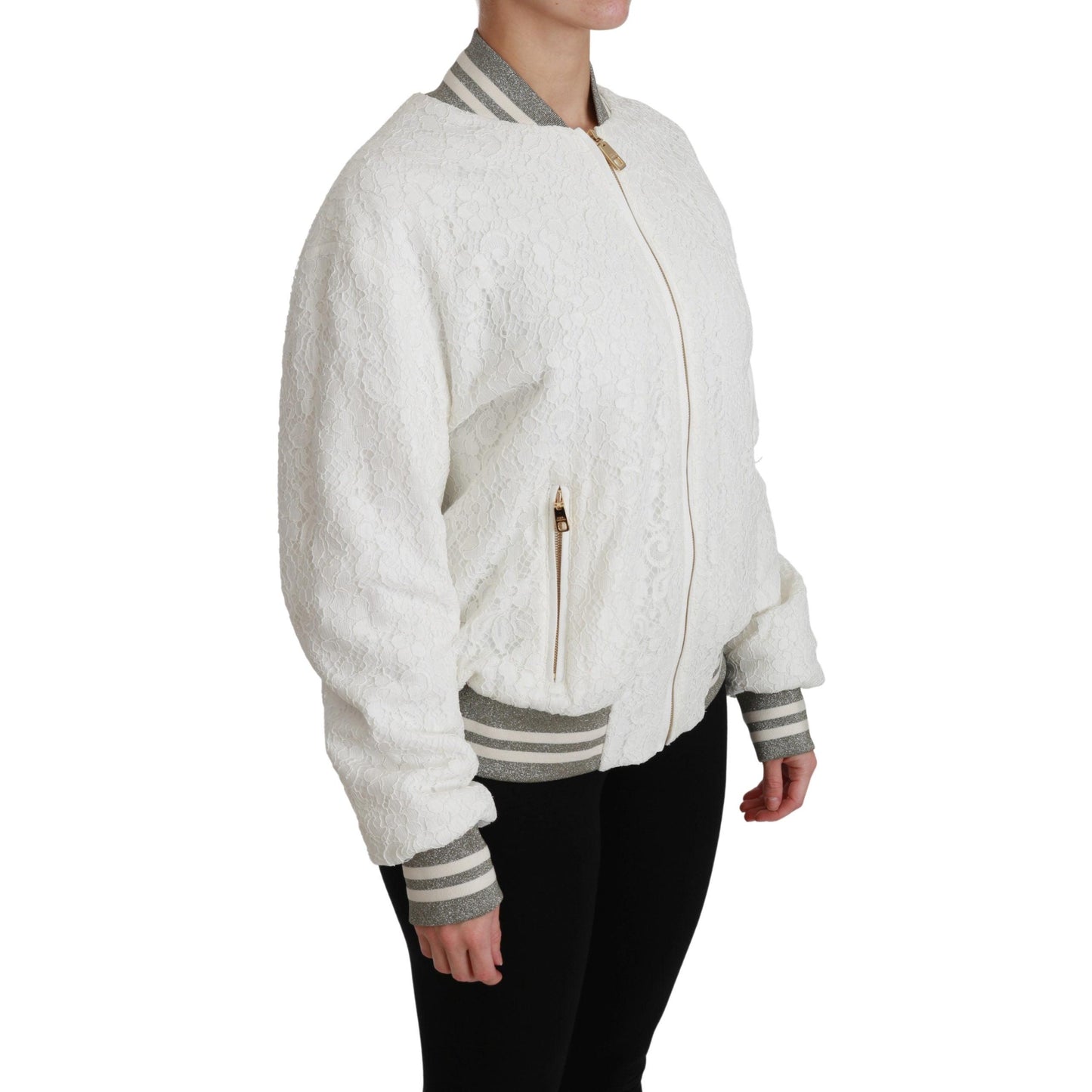 White Lace Full Zip Bomber Coat Cotton Jacket