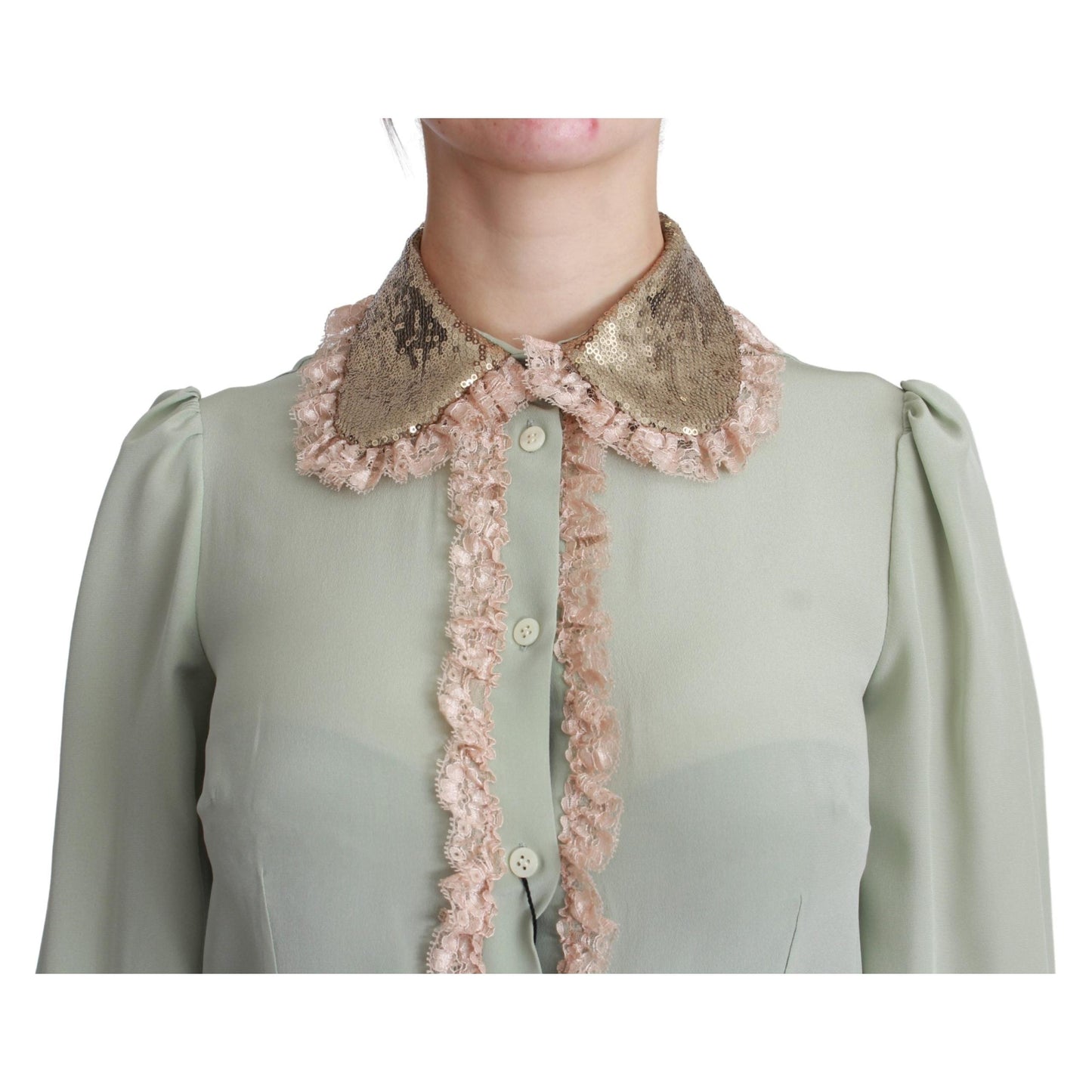 Mint Green Silk Sequin Lace Blouse Shirt