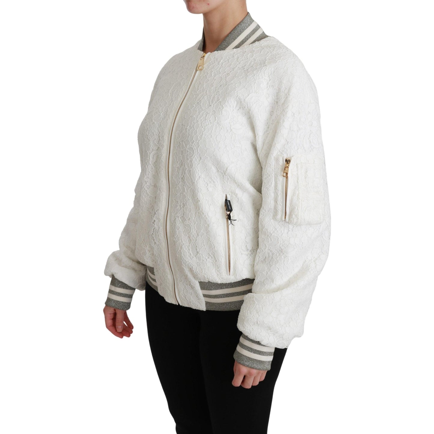 White Lace Full Zip Bomber Coat Cotton Jacket