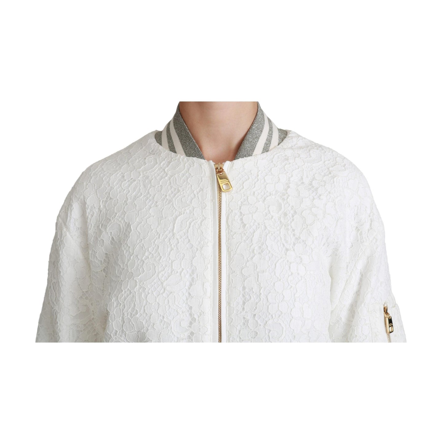 White Lace Full Zip Bomber Coat Cotton Jacket