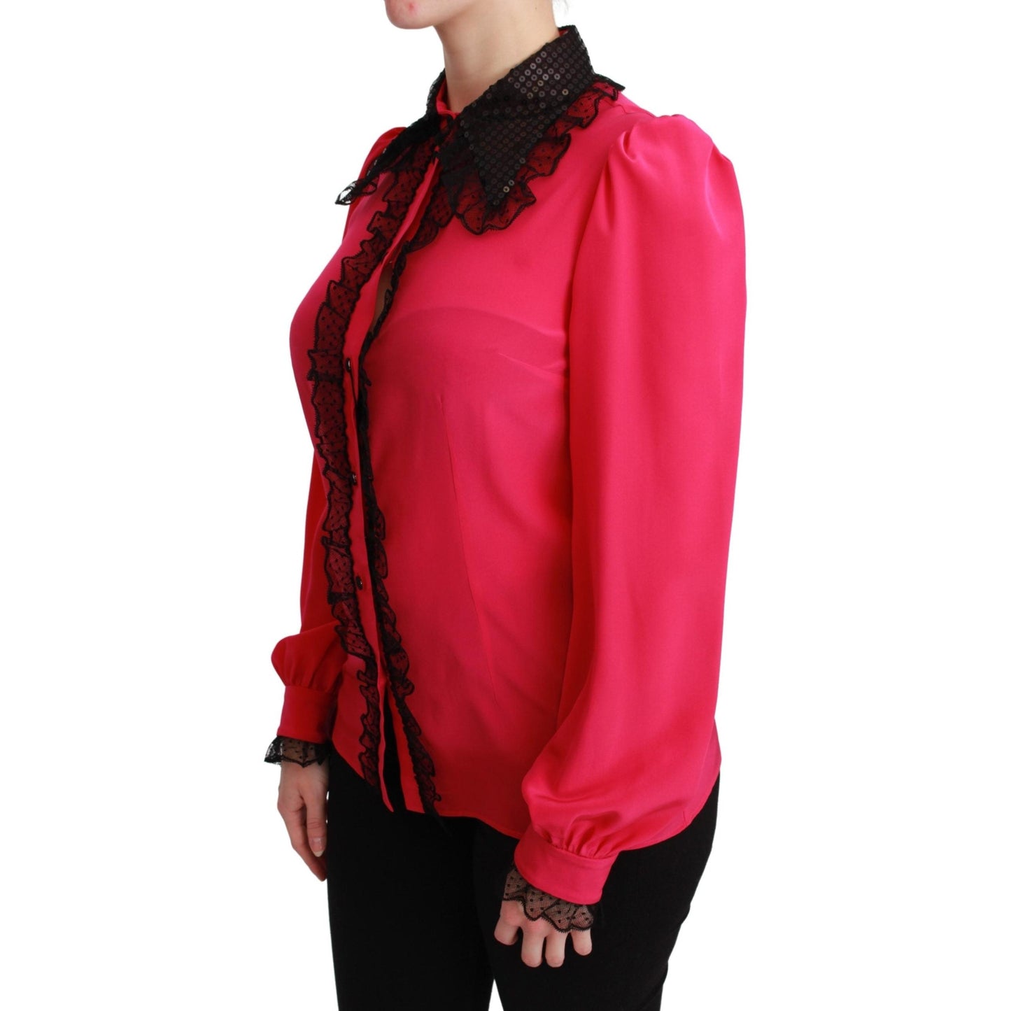 Pink Silk Black Sequin Lace Shirt Blouse
