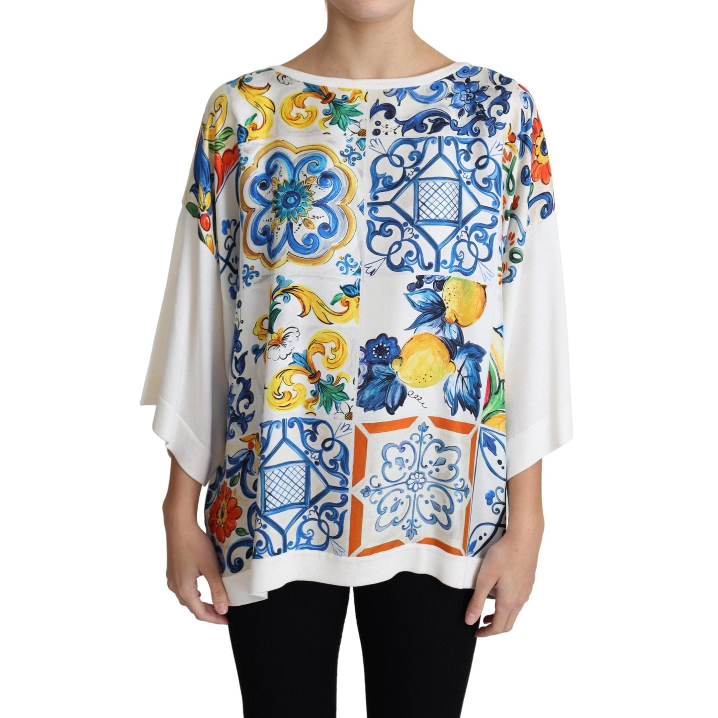 White Majolica Print Silk Oversized Top