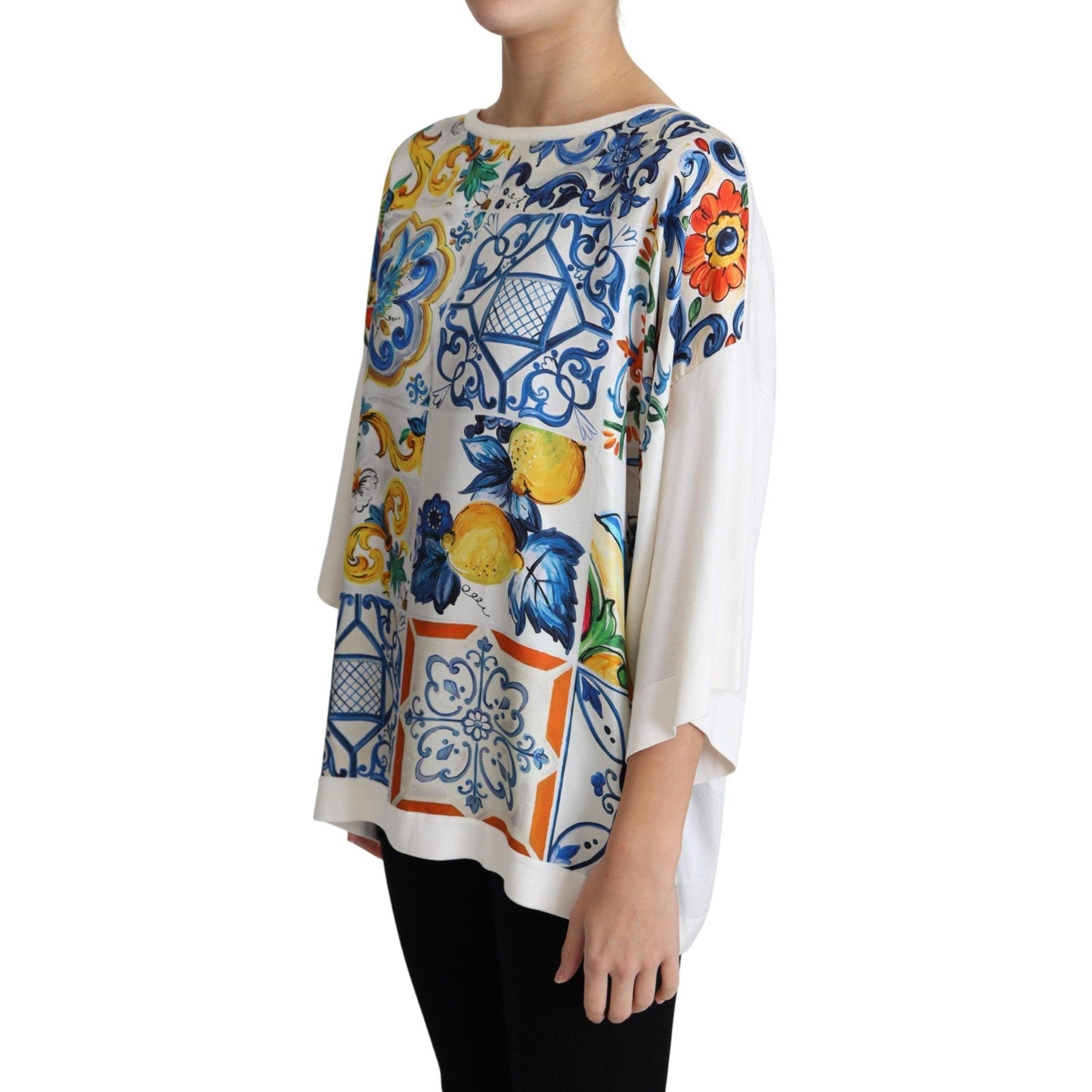 White Majolica Print Silk Oversized Top