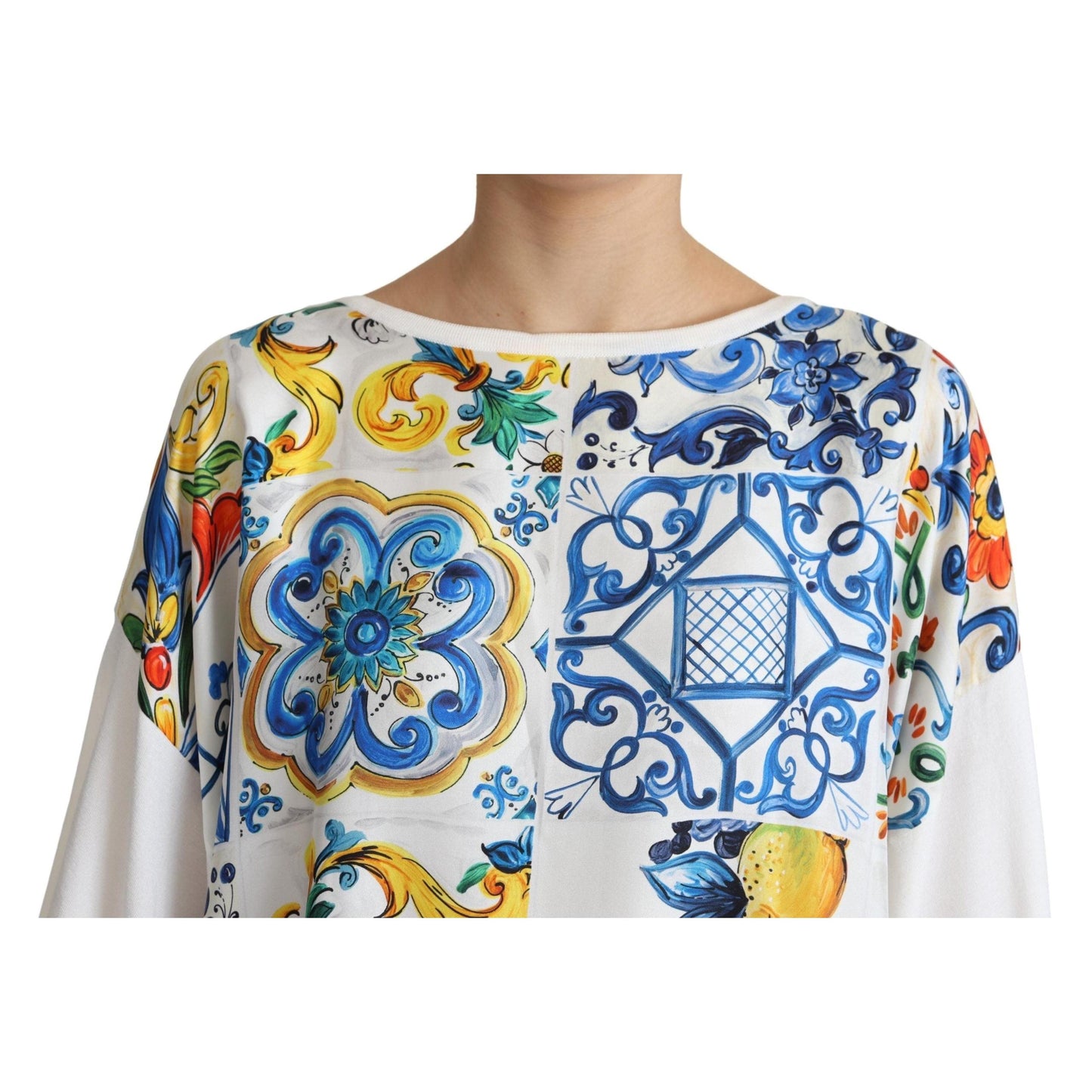 White Majolica Print Silk Oversized Top