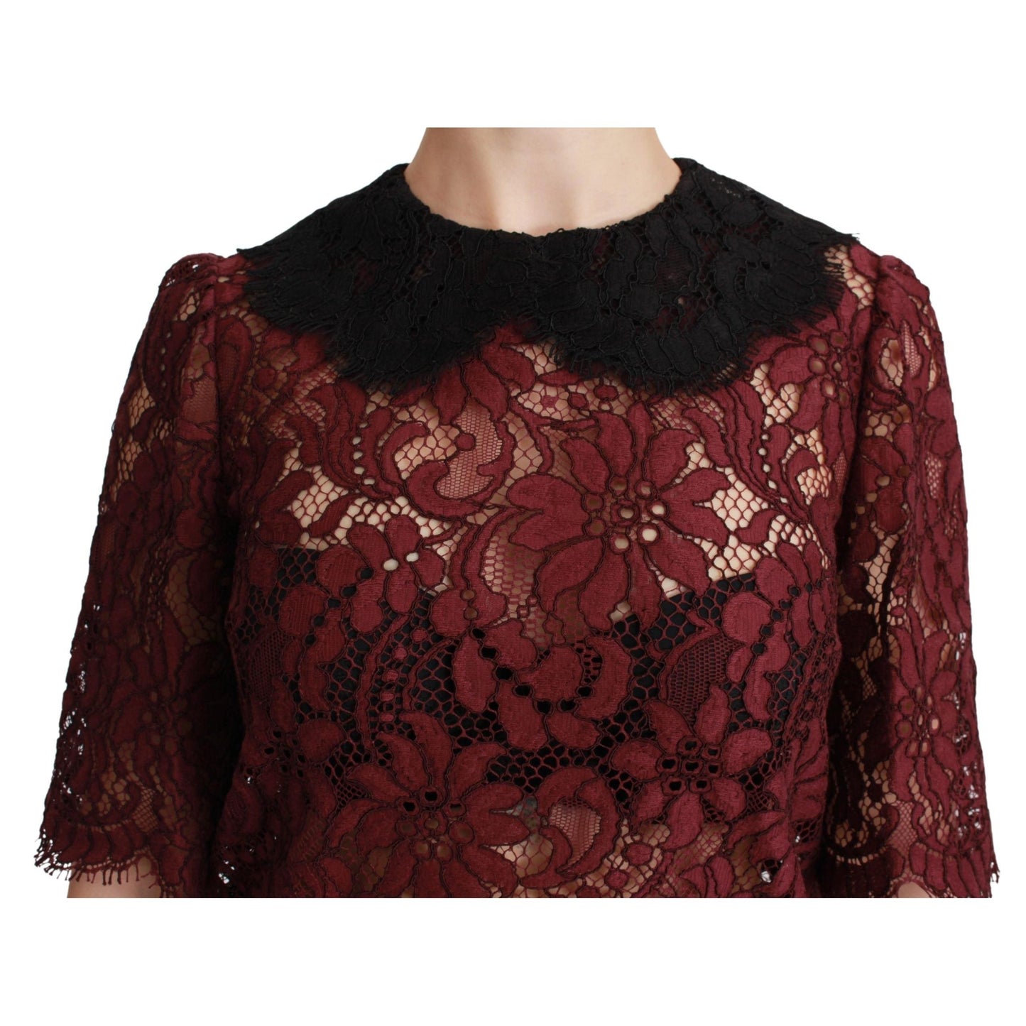 Maroon Floral Lace Elbow Sleeves Top Blouse