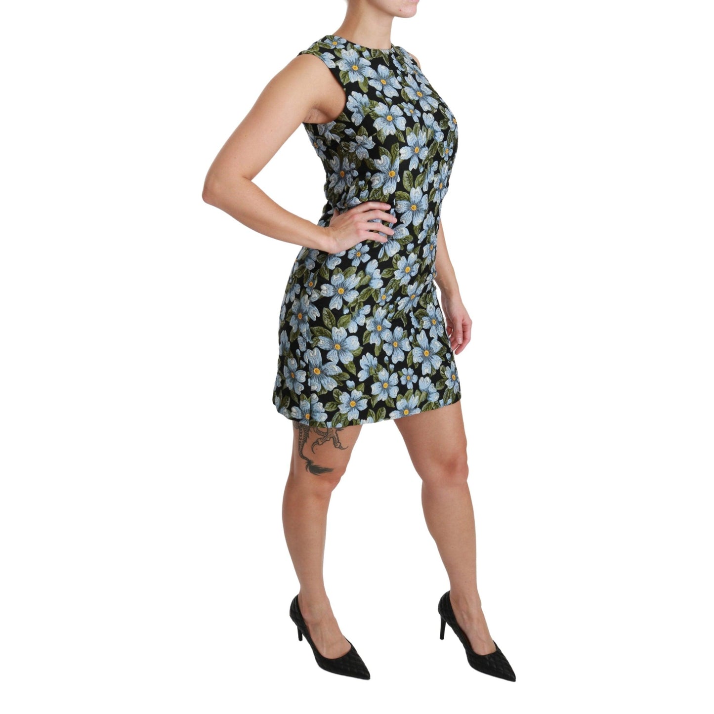 Blue Floral Brocade Gown Shift Dress