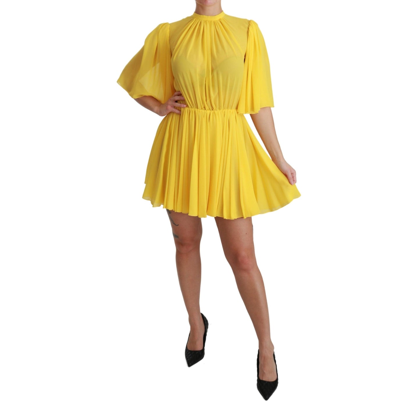 Yellow Pleated A-line Mini 100% Silk Dress