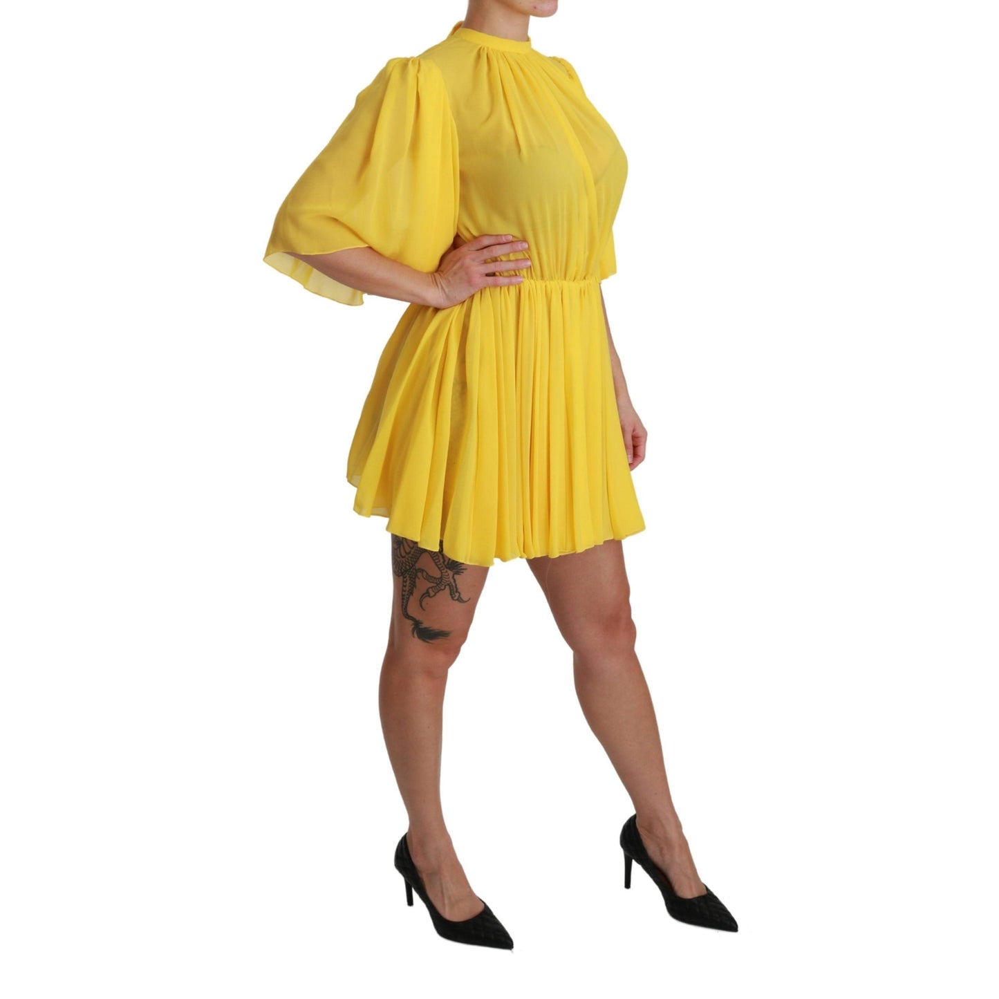 Yellow Pleated A-line Mini 100% Silk Dress