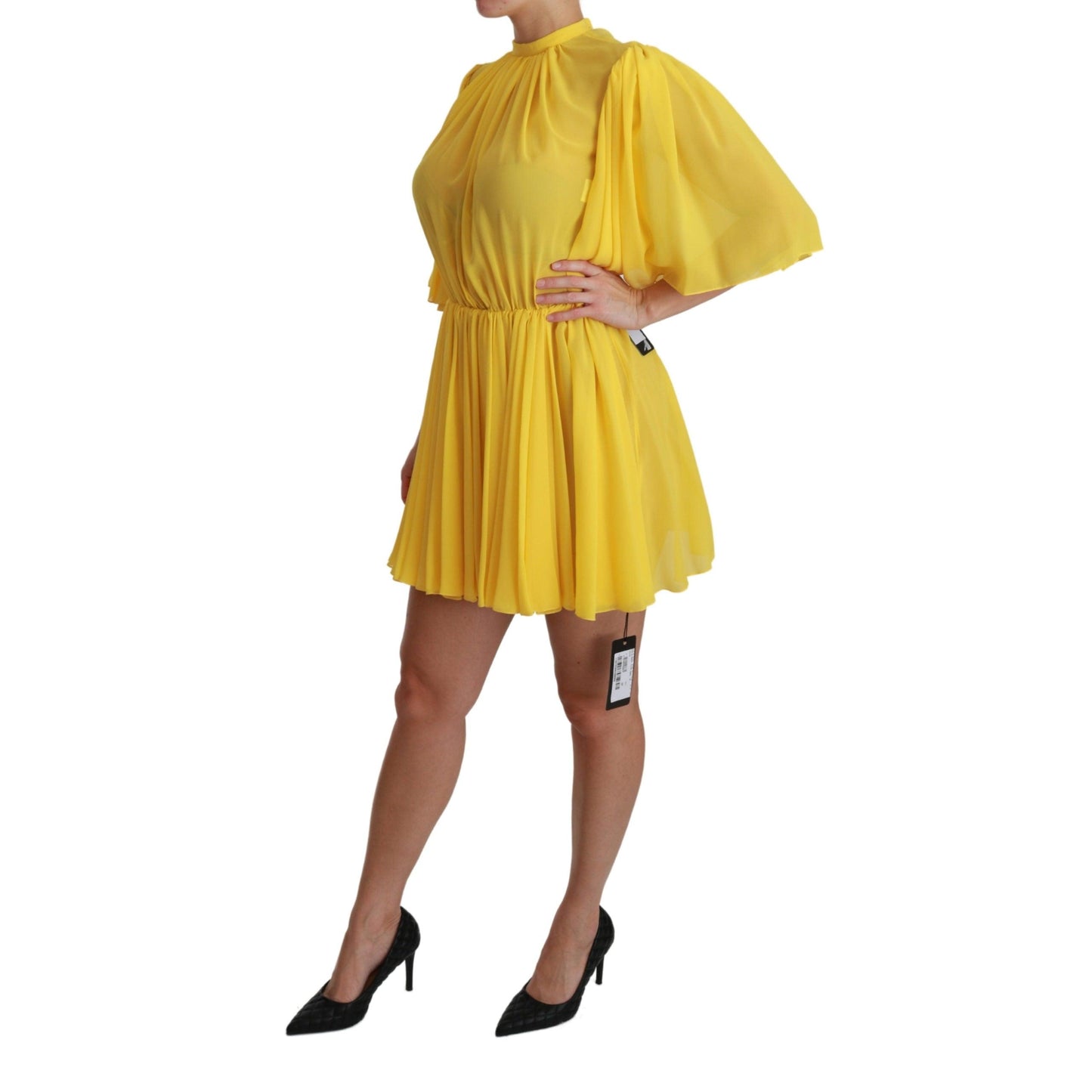 Yellow Pleated A-line Mini 100% Silk Dress