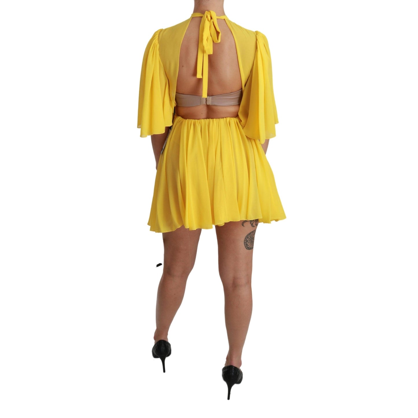 Yellow Pleated A-line Mini 100% Silk Dress