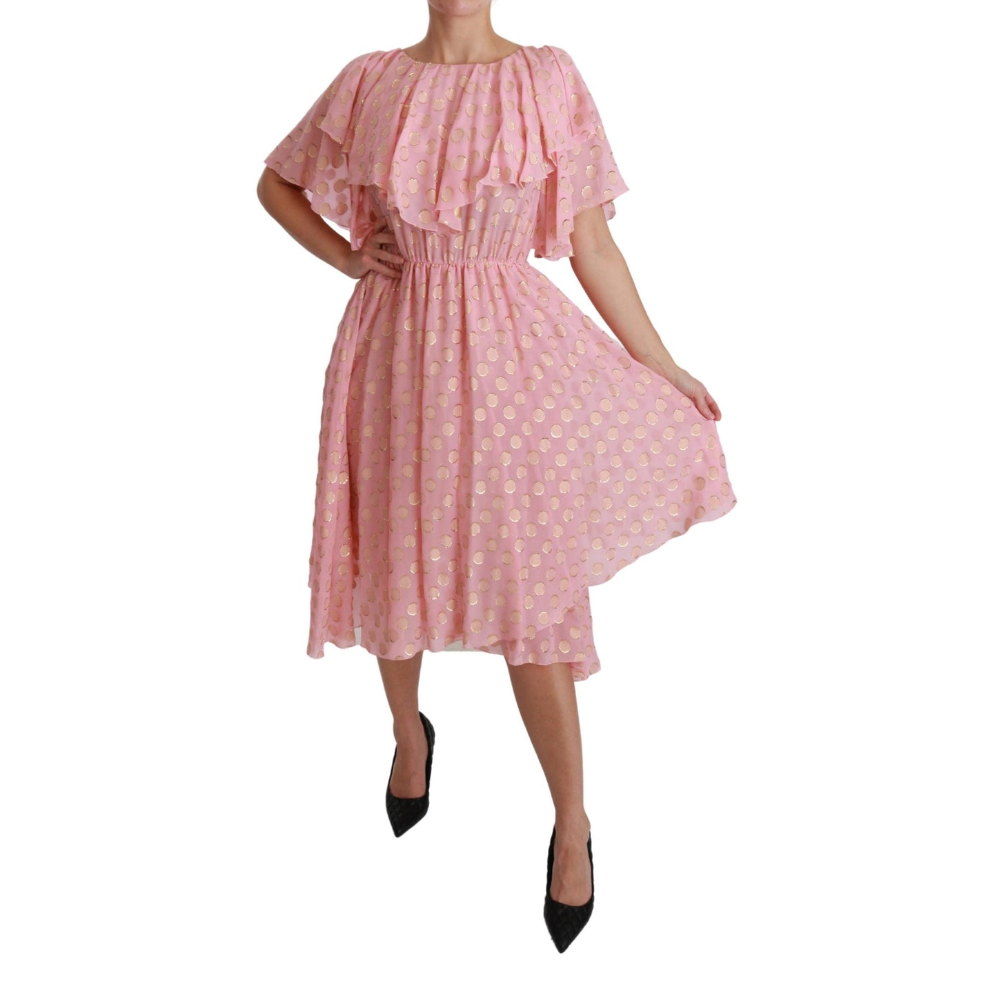 Silk Pink Polka Dots Pleated A-line Midi Dress