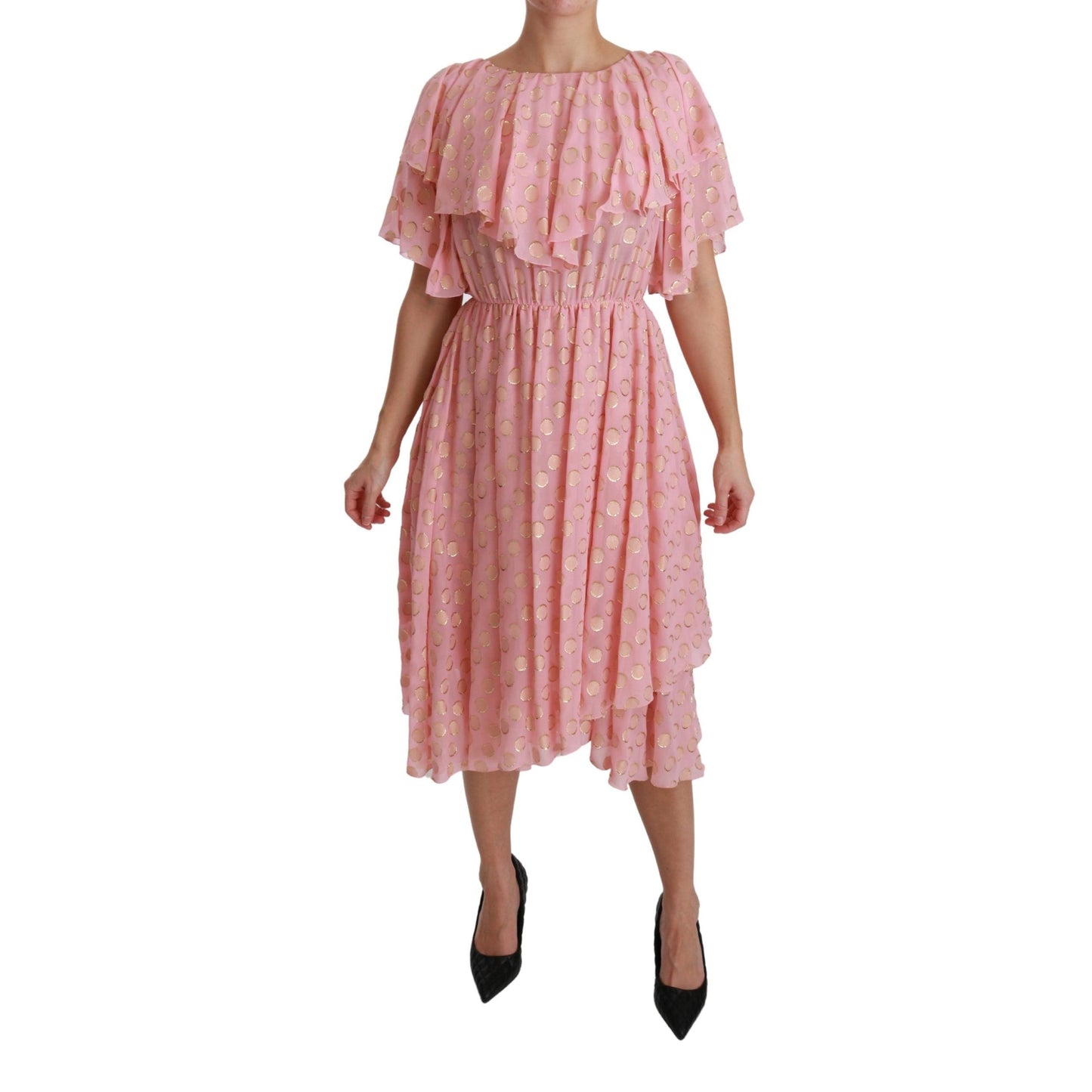 Silk Pink Polka Dots Pleated A-line Midi Dress