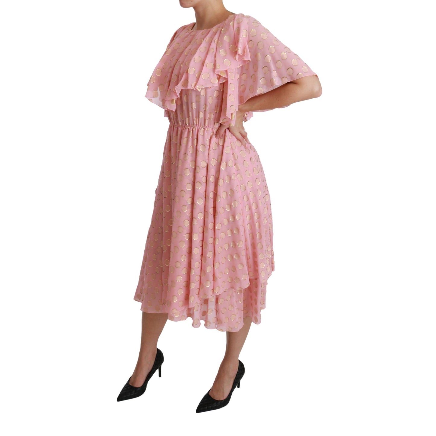 Silk Pink Polka Dots Pleated A-line Midi Dress