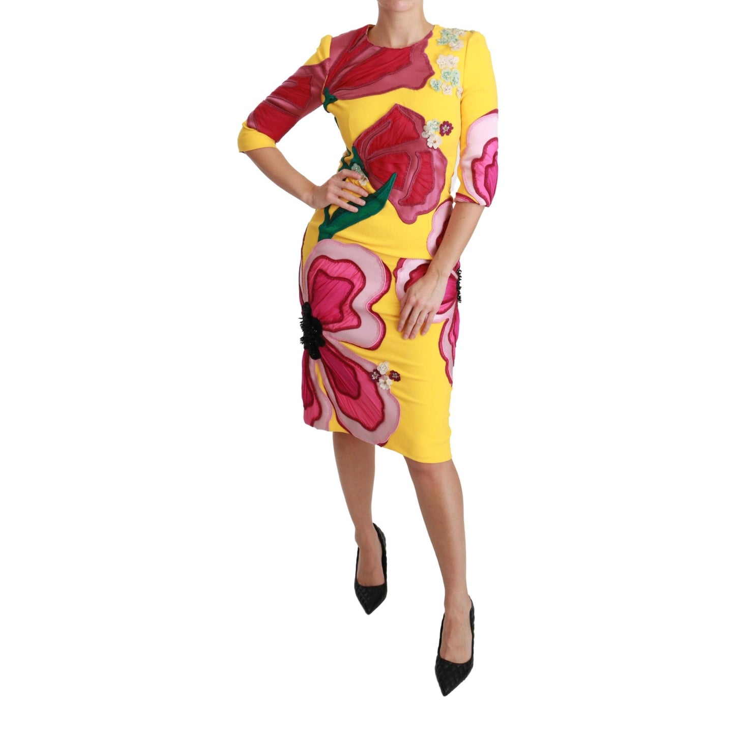Yellow Floral Crystal Bodycon Sheath Dress