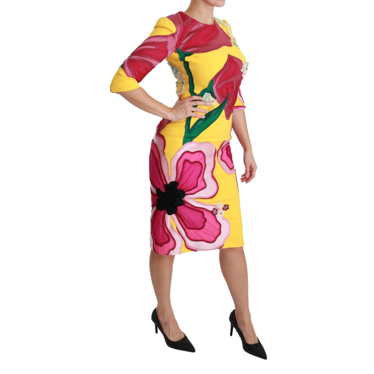 Yellow Floral Crystal Bodycon Sheath Dress