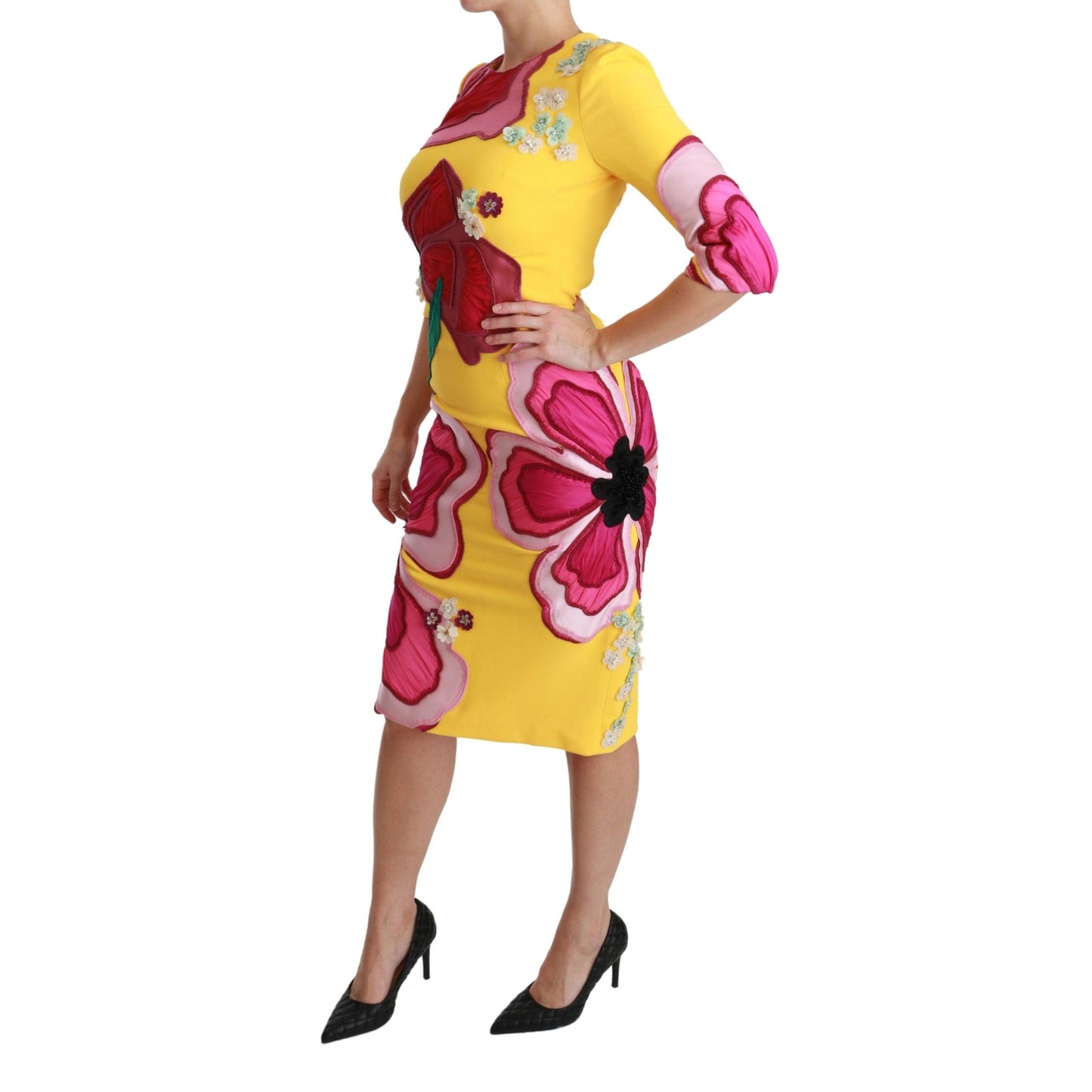 Yellow Floral Crystal Bodycon Sheath Dress