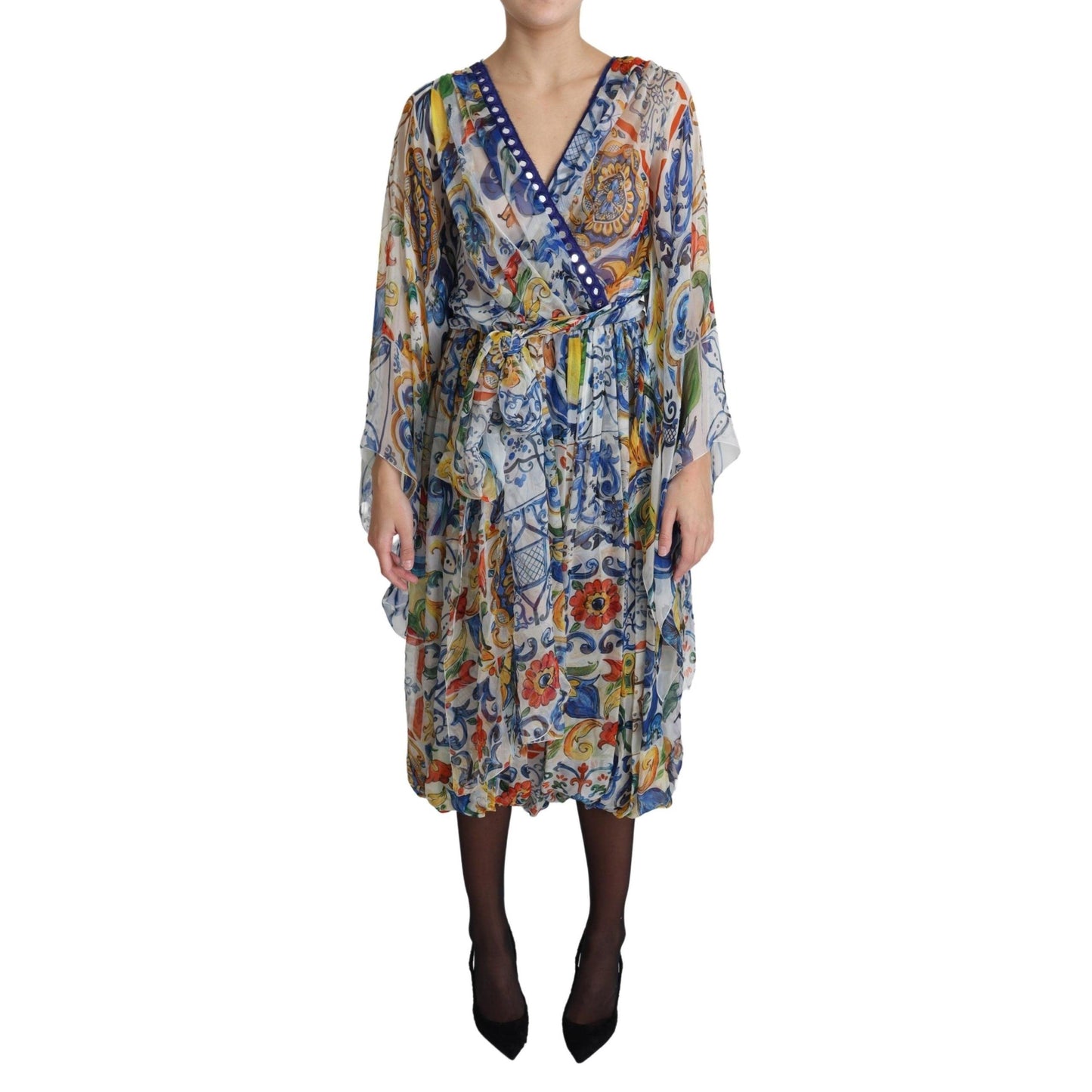 White Majolica Wrap Style Midi Silk Dress