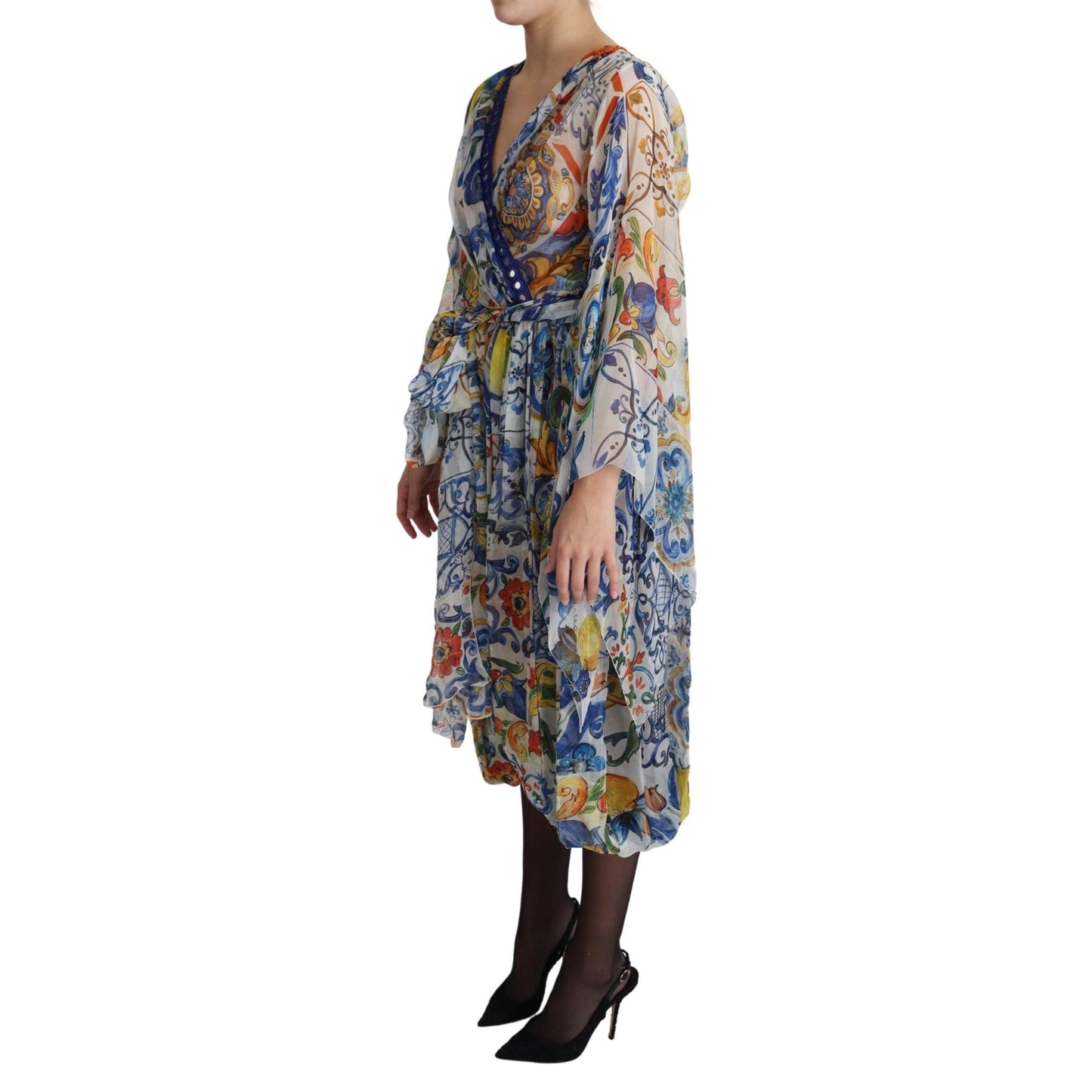 White Majolica Wrap Style Midi Silk Dress