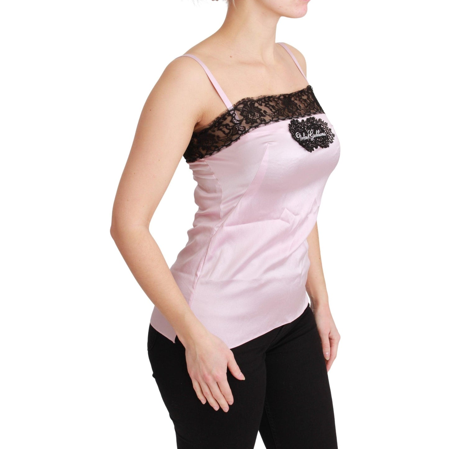 Silk Black Lace Top Pink Tank Blouse