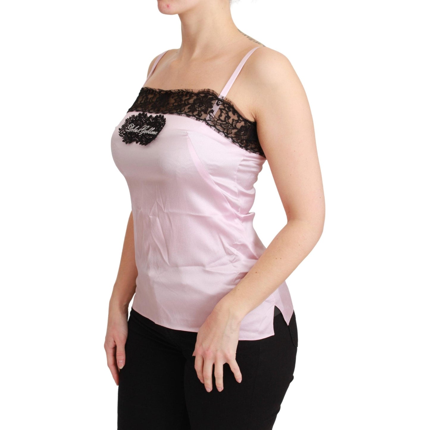 Silk Black Lace Top Pink Tank Blouse
